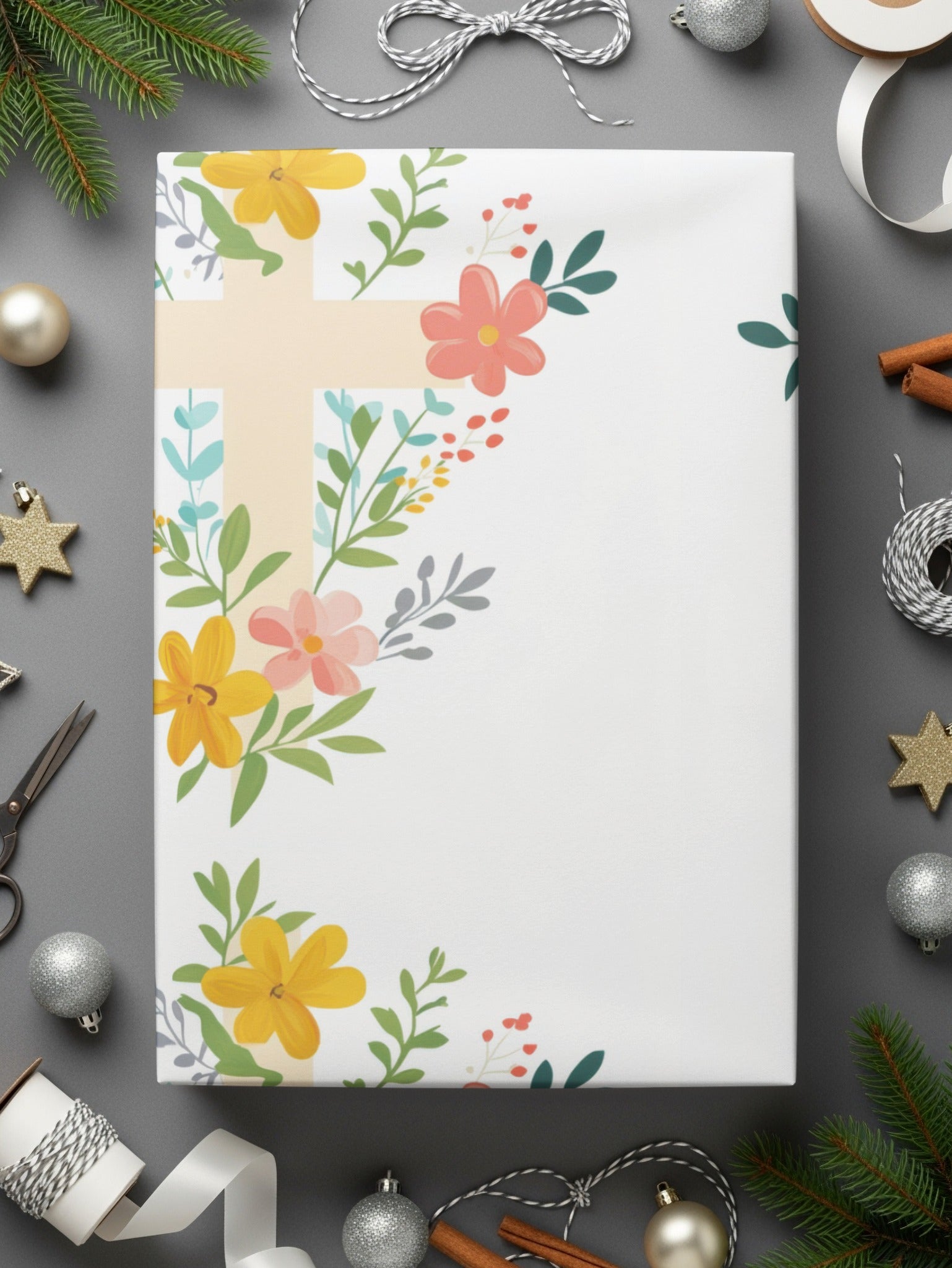 Floral Cross Seamless Pattern, Spring Easter Digital Paper, Religious Fabric Design, Pastel Flowers, Christian Background, JPEG Download wrapping paper with floral cross design