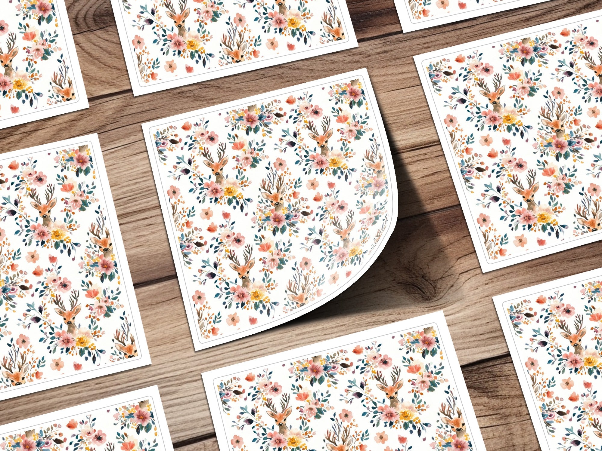 Floral Deer Digital Paper, Watercolor Animal Print, Peach Flowers Seamless Pattern, Fall Pattern for Fabric, Nursery Decor, Scrapbooking - Moore and Mountain