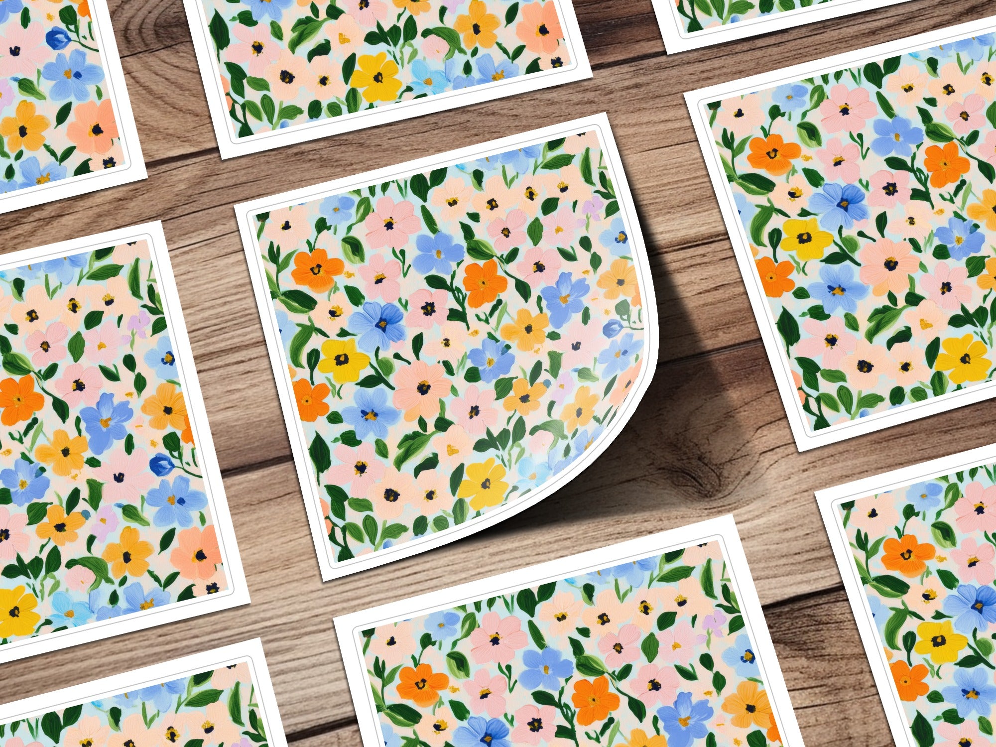 Vibrant Colorful Floral Pattern on Wooden Background Print