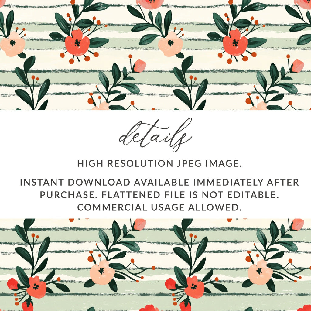 Floral Digital Paper, Peach Red Flowers, Green Stripes Pattern, Summer, Spring Print, Scrapbooking Paper, Fabric Design, Digital Download - Moore and Mountain