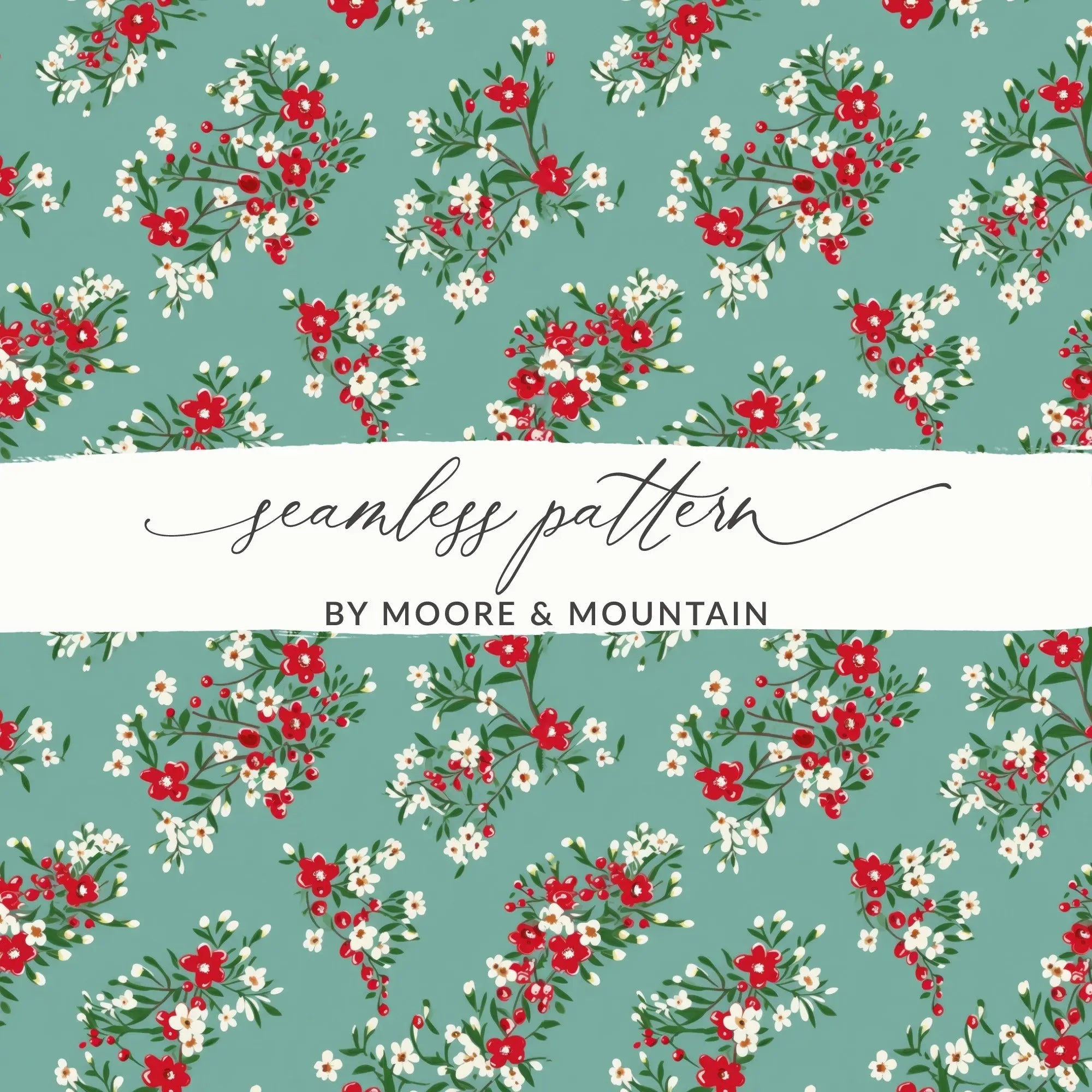 Floral Digital Paper, Red and White Flowers, Seamless Pattern, Fabric Design, Scrapbooking Paper, Printable Paper, Commercial Use - Moore and Mountain