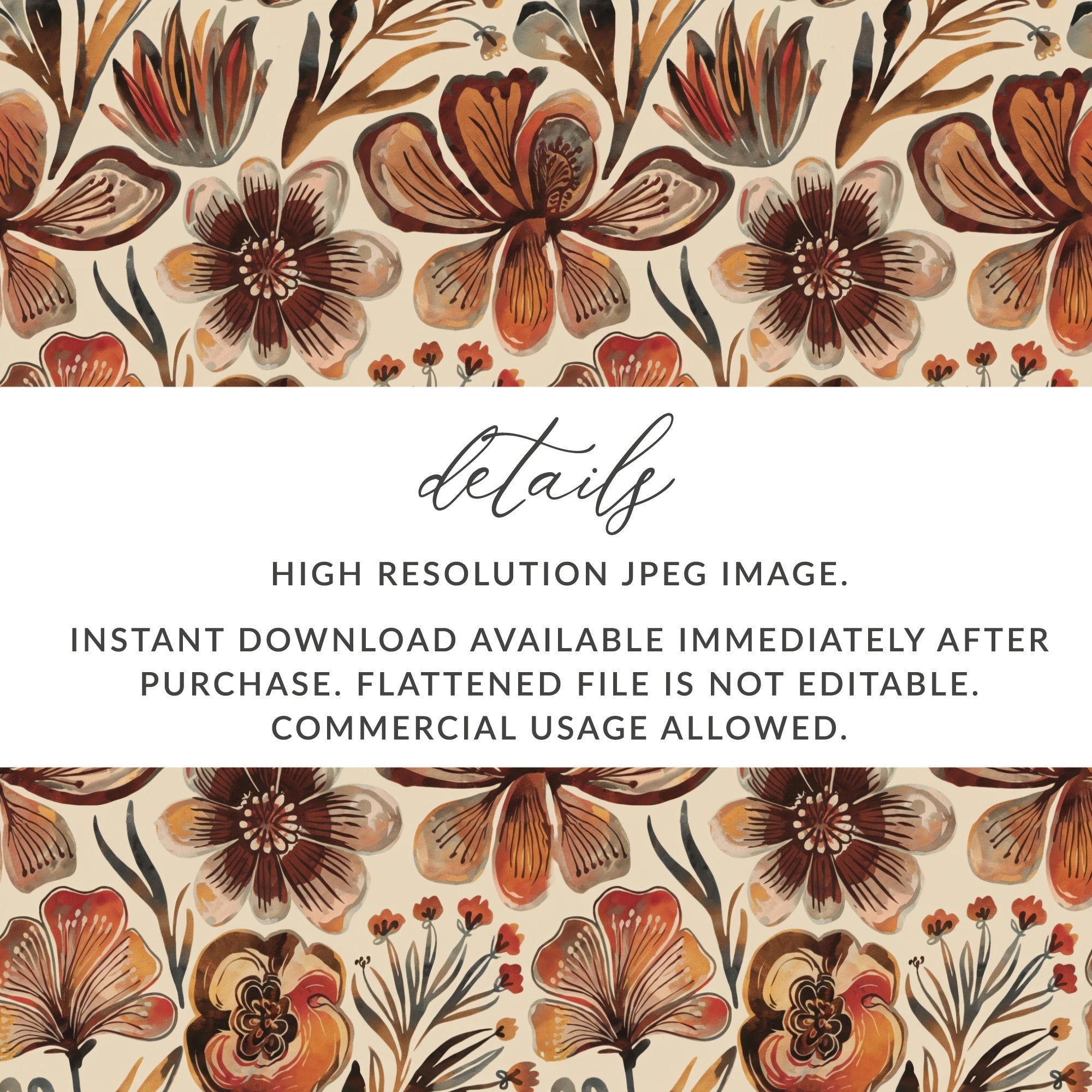 Floral Digital Paper, Seamless Flower Pattern, Autumn Tone Design, Watercolor Style Texture, Digital Download, Commercial Use Image - Moore and Mountain