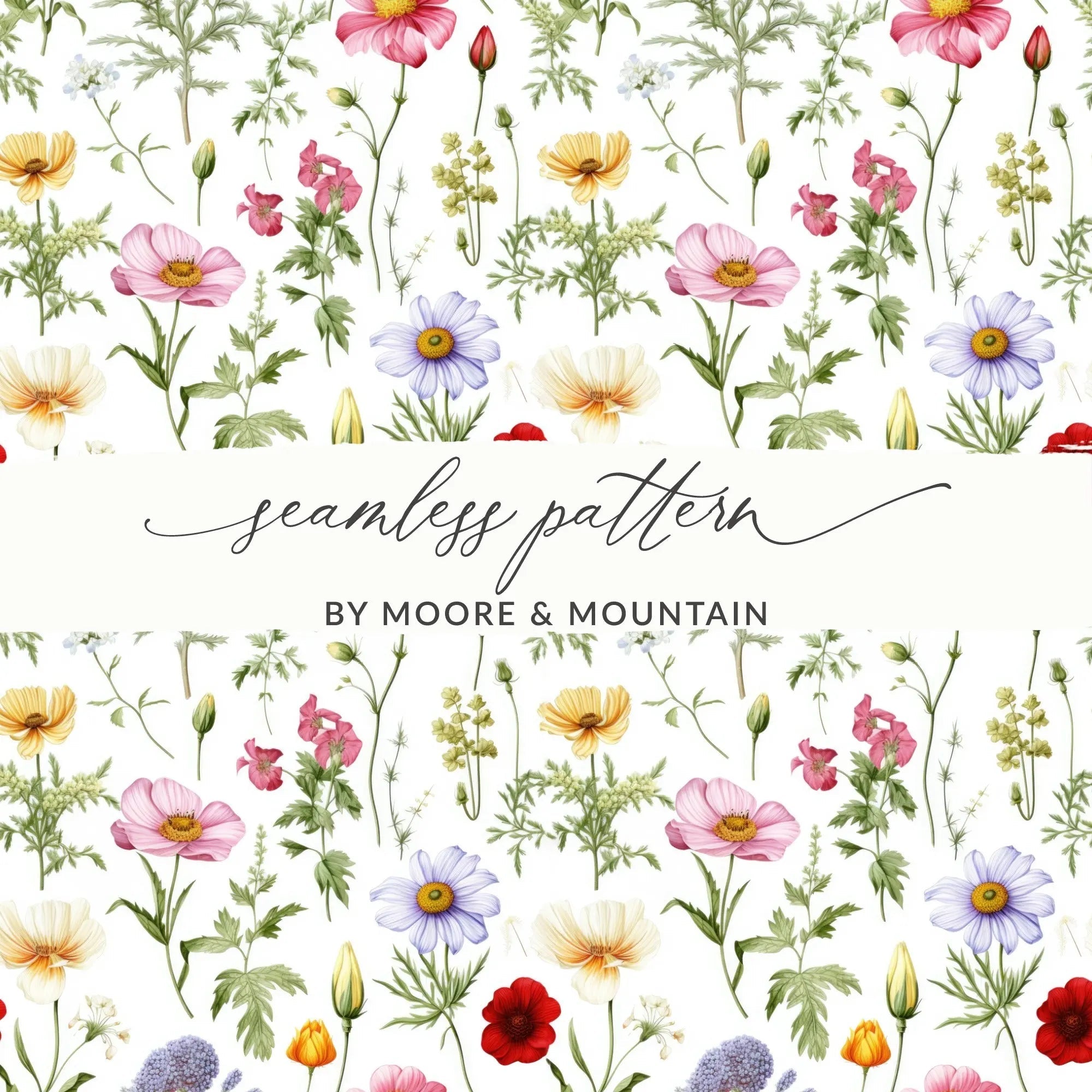 Floral Digital Paper, Seamless Flower Pattern, Botanical Fabric Design, Watercolor Floral Print, Spring Flower Clipart, JPEG Digital - Moore and Mountain