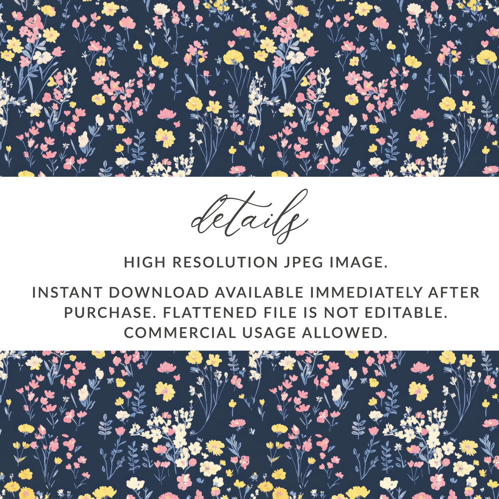 Floral Digital Paper, Seamless Flower Pattern, Navy Pink Yellow, Commercial Use, Printable Fabric, Digital Download, Scrapbook Paper - Moore and Mountain