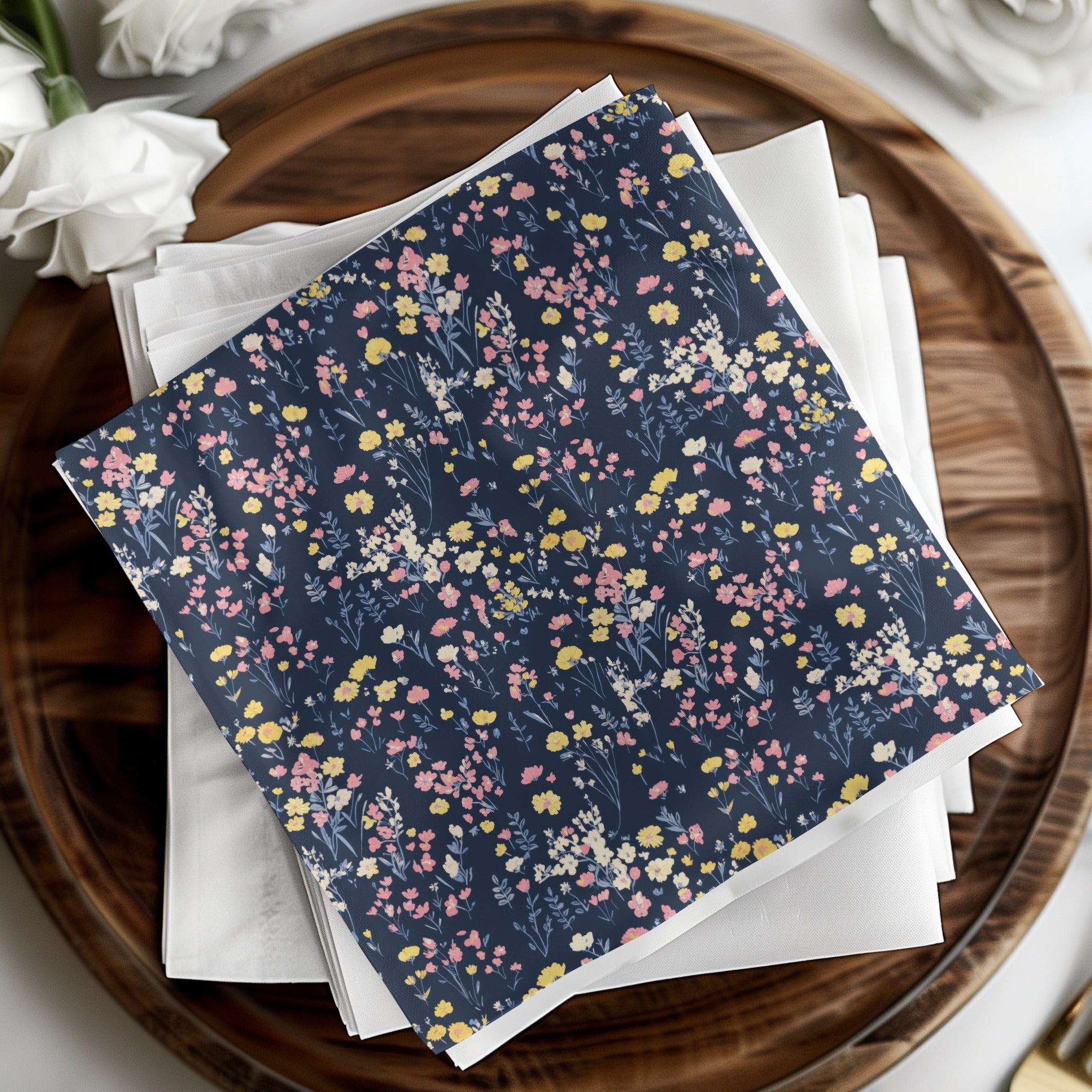 Floral Digital Paper, Seamless Flower Pattern, Navy Pink Yellow, Commercial Use, Printable Fabric, Digital Download, Scrapbook Paper - Moore and Mountain