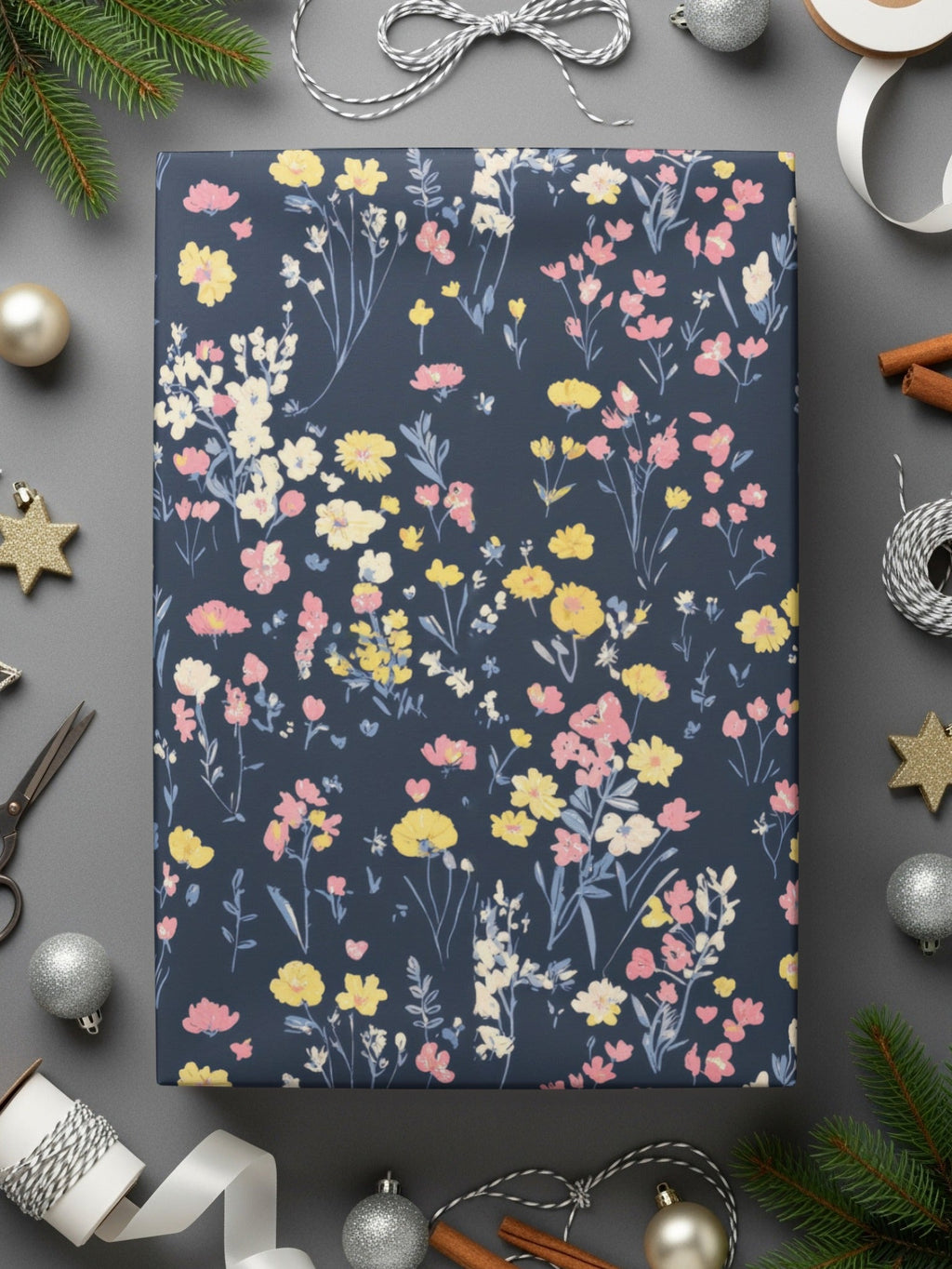 Floral Digital Paper, Seamless Flower Pattern, Navy Pink Yellow, Commercial Use, Printable Fabric, Digital Download, Scrapbook Paper - Moore and Mountain