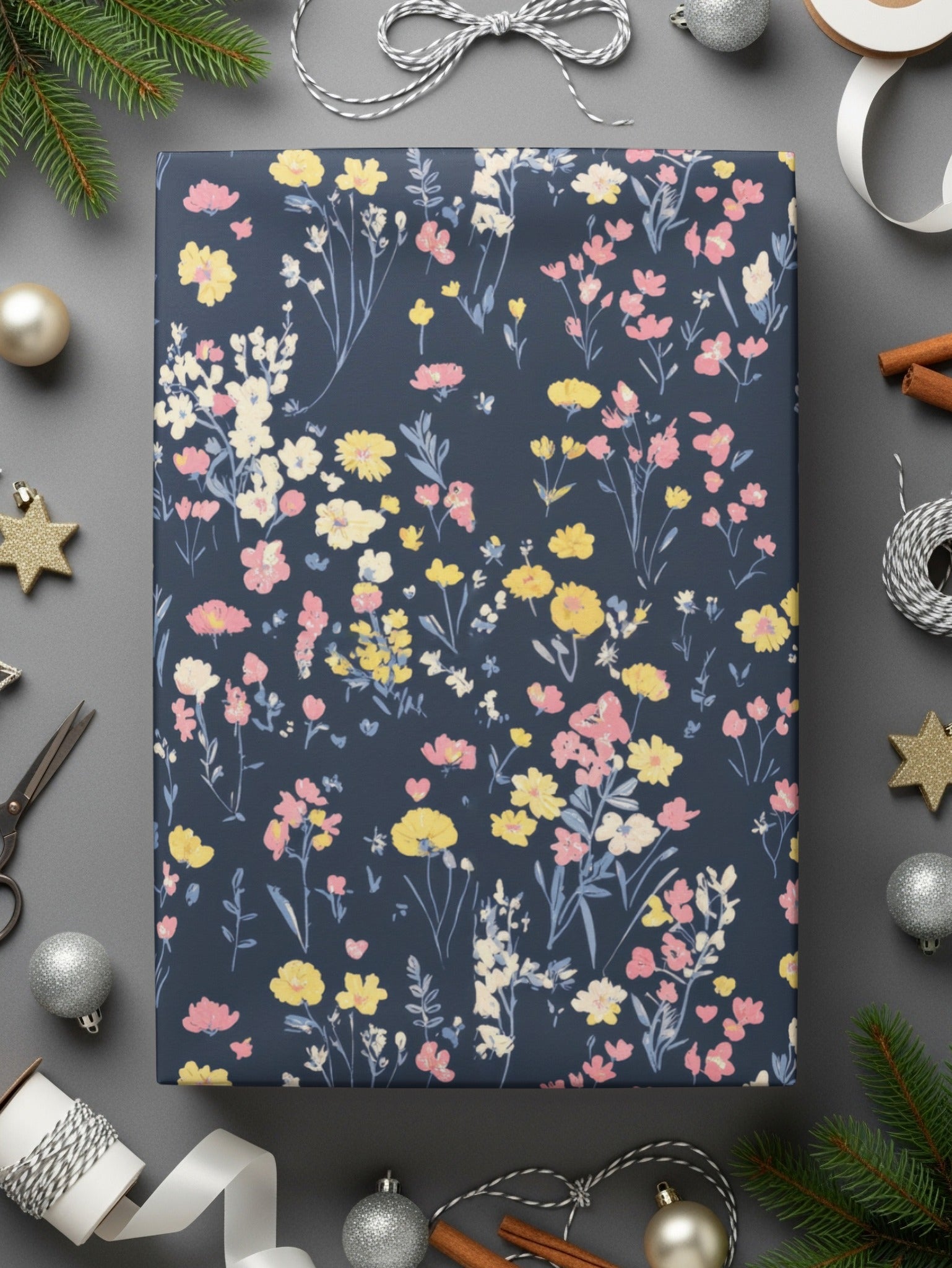 Floral Digital Paper, Seamless Flower Pattern, Navy Pink Yellow, Commercial Use, Printable Fabric, Digital Download, Scrapbook Paper - Moore and Mountain