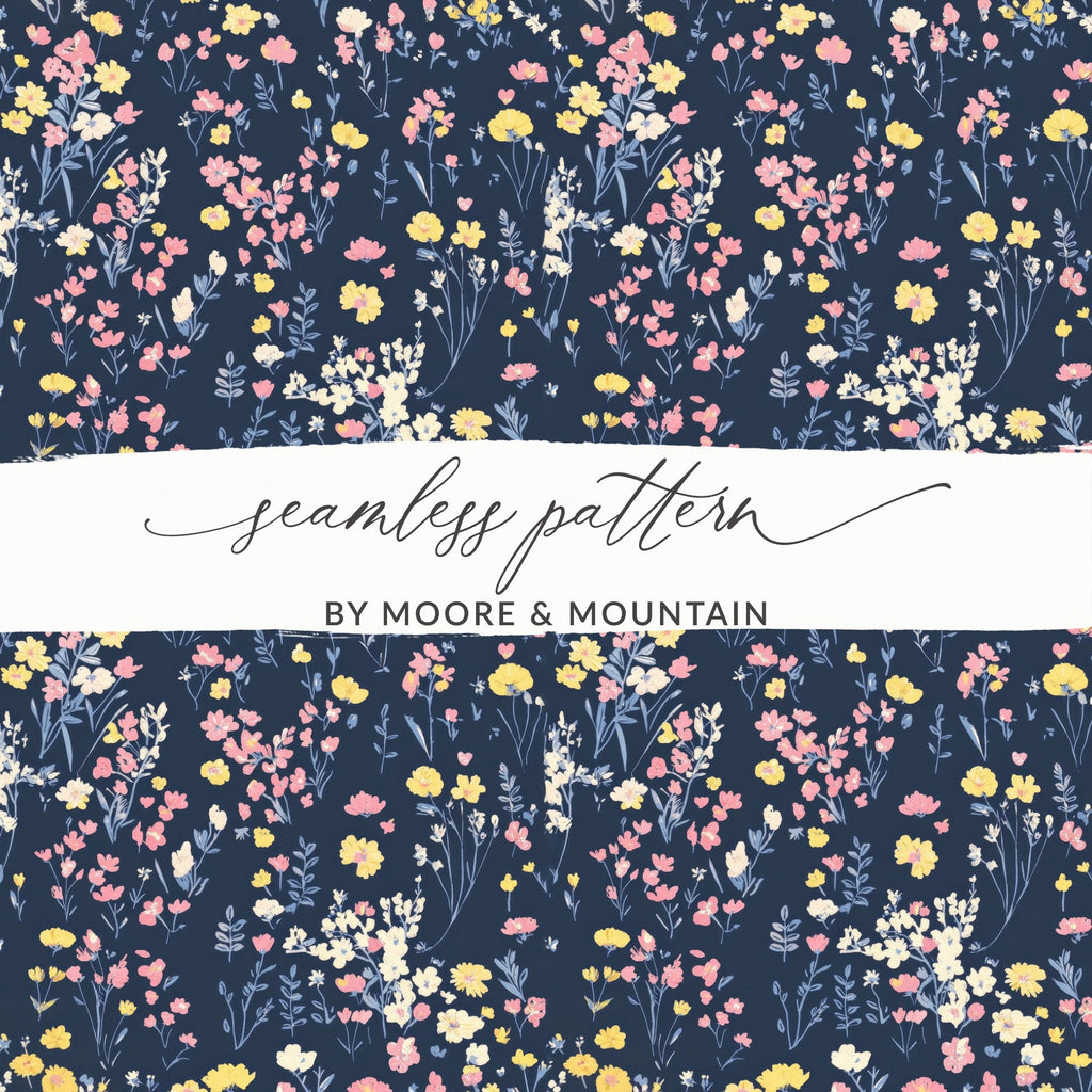 Floral Digital Paper, Seamless Flower Pattern, Navy Pink Yellow, Commercial Use, Printable Fabric, Digital Download, Scrapbook Paper - Moore and Mountain