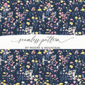 Floral Digital Paper, Seamless Flower Pattern, Navy Pink Yellow, Commercial Use, Printable Fabric, Digital Download, Scrapbook Paper - Moore and Mountain