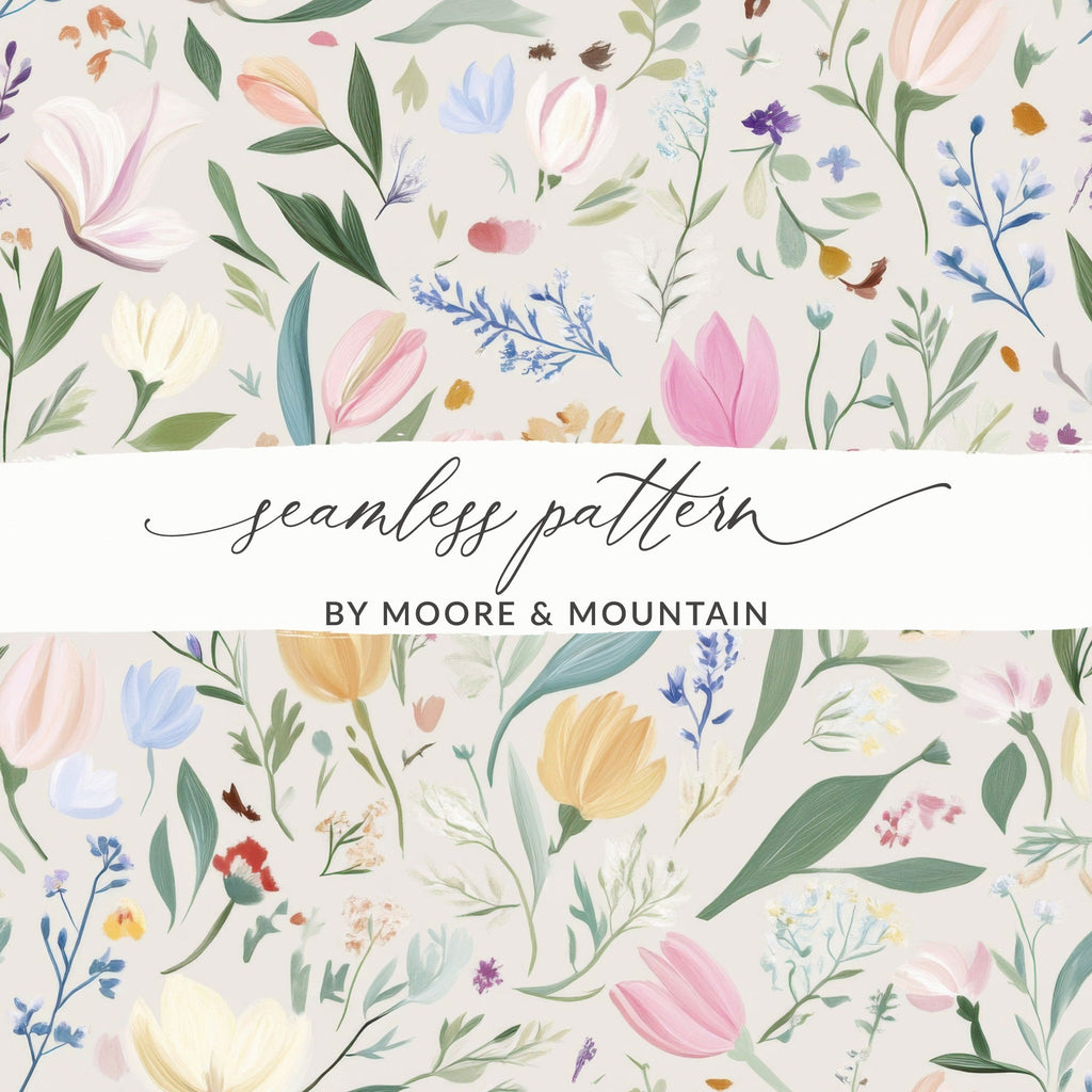 Floral Digital Paper, Seamless Flower Pattern, Spring Bloom Design, Repeating Tile for Fabric, Pastel Background, Digital Download - Moore and Mountain