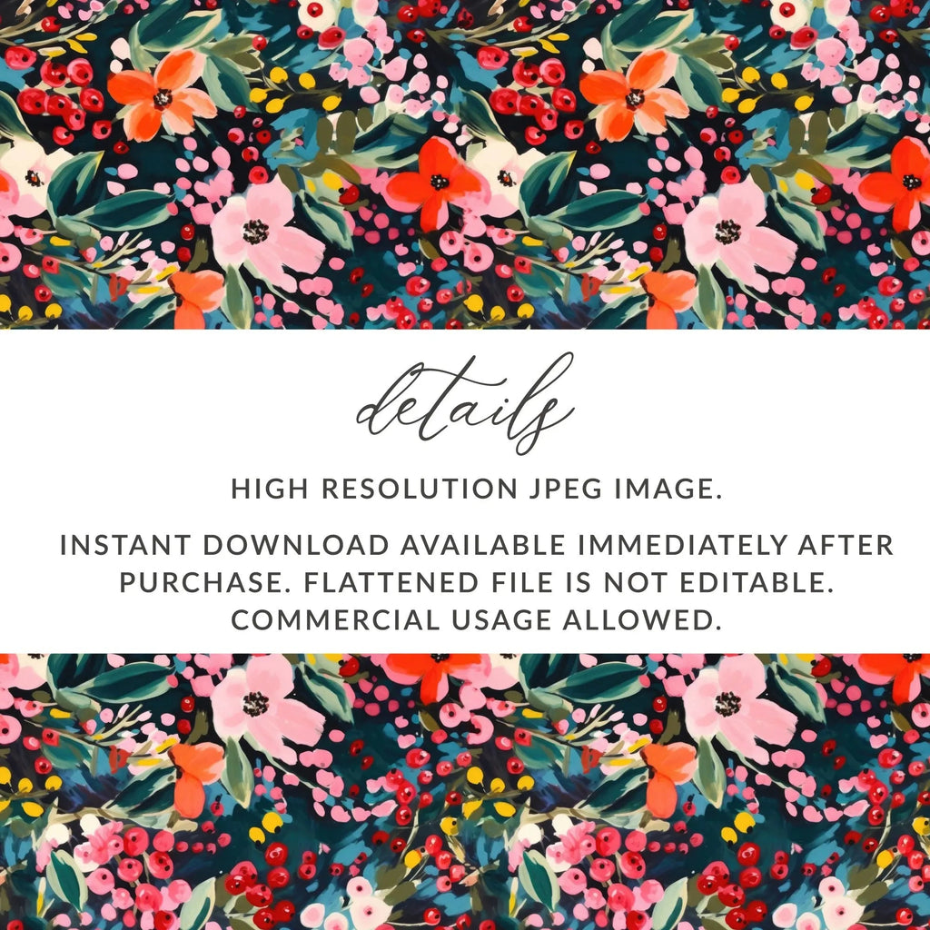 Floral Digital Paper, Seamless Pattern, Berry Flower Print, Dark Background, Fabric Design, Digital Download, Commercial Use - Moore and Mountain