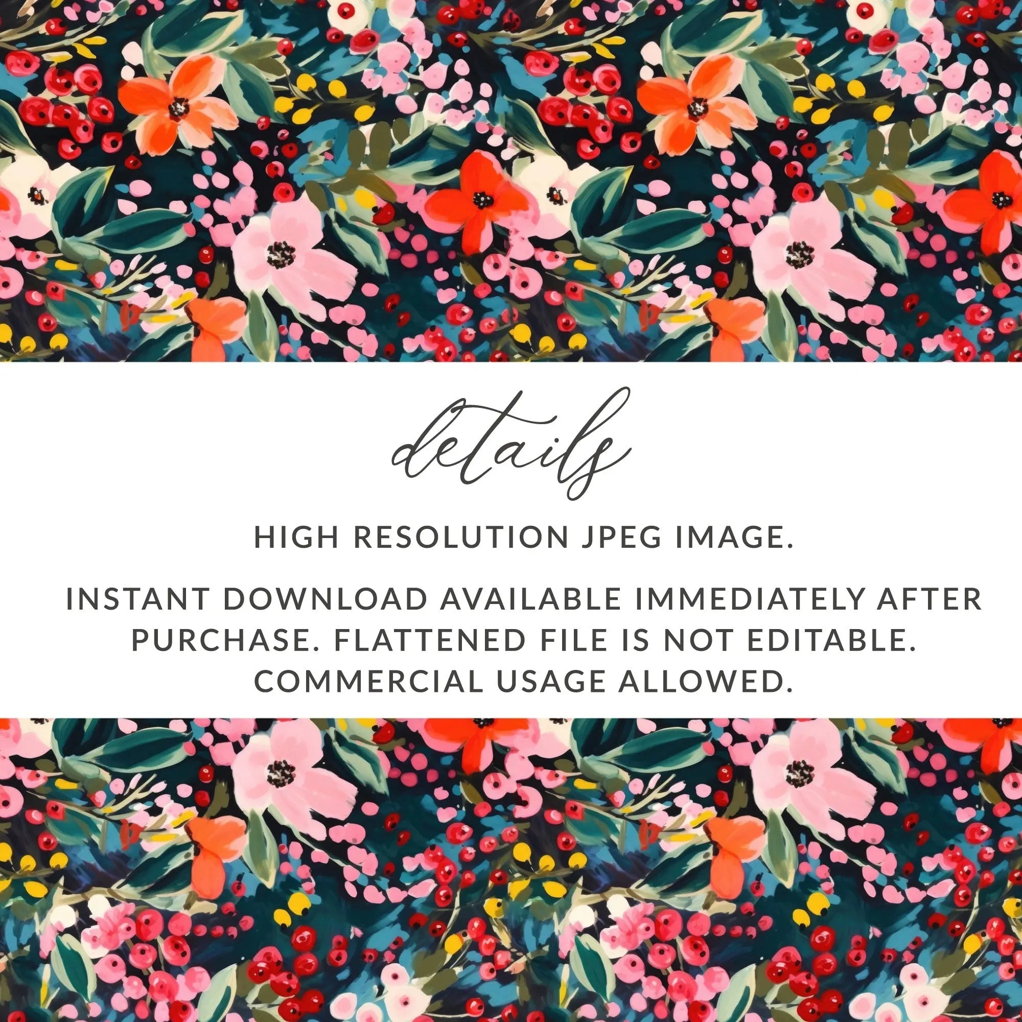 Floral Digital Paper, Seamless Pattern, Berry Flower Print, Dark Background, Fabric Design, Digital Download, Commercial Use - Moore and Mountain