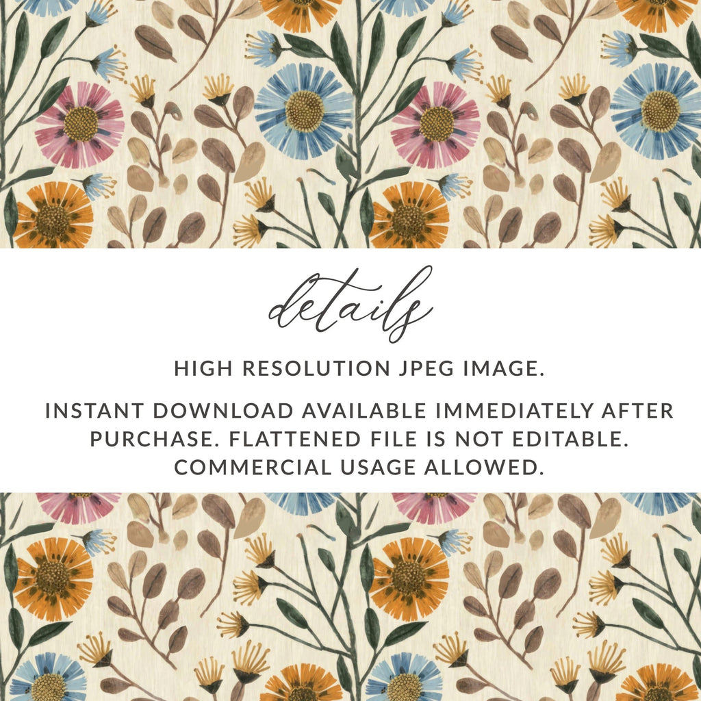 Floral Digital Paper, Seamless Pattern, Colorful Flower Background, Scrapbook Paper, Fabric Design, Boho Botanical, Printable Digital - Moore and Mountain
