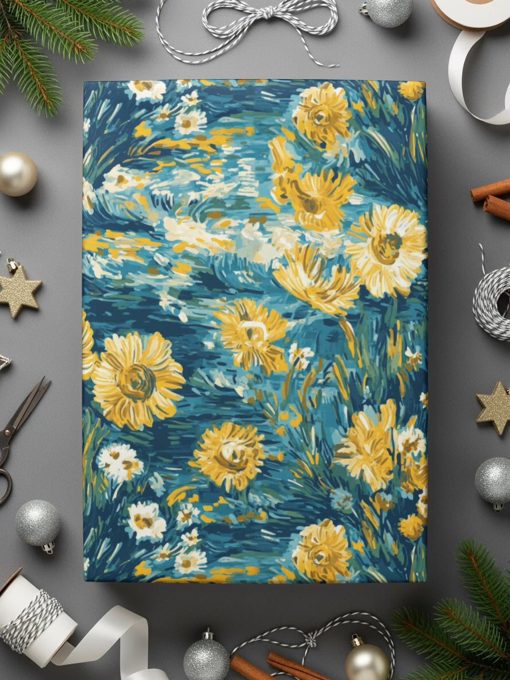 Floral Digital Paper, Seamless Sunflower Pattern, Botanical Scrapbook Paper, Teal and Yellow Floral Print, Flower Background Digital - Moore and Mountain