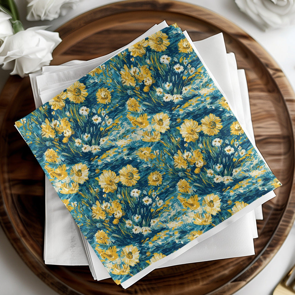 Floral Digital Paper, Seamless Sunflower Pattern, Botanical Scrapbook Paper, Teal and Yellow Floral Print, Flower Background Digital - Moore and Mountain