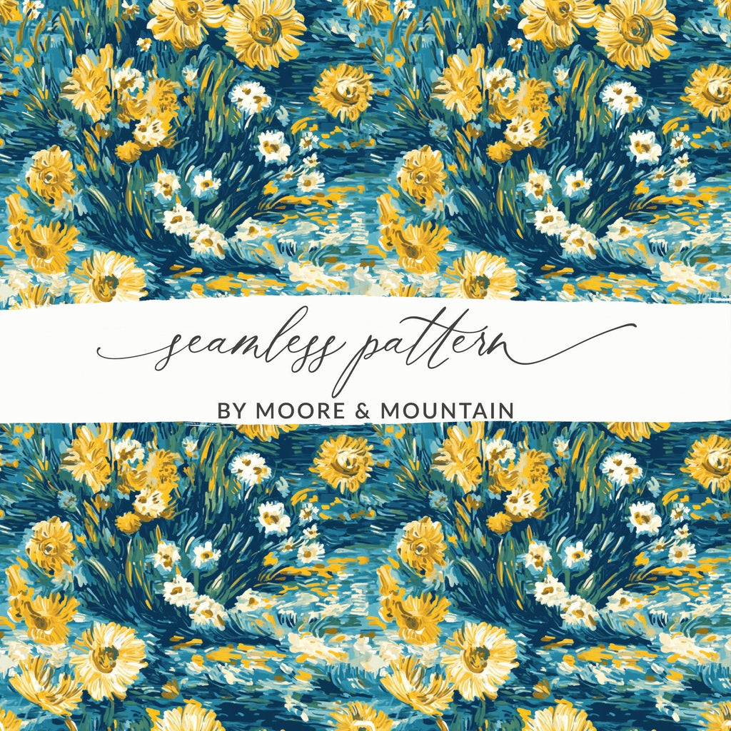 Floral Digital Paper, Seamless Sunflower Pattern, Botanical Scrapbook Paper, Teal and Yellow Floral Print, Flower Background Digital - Moore and Mountain