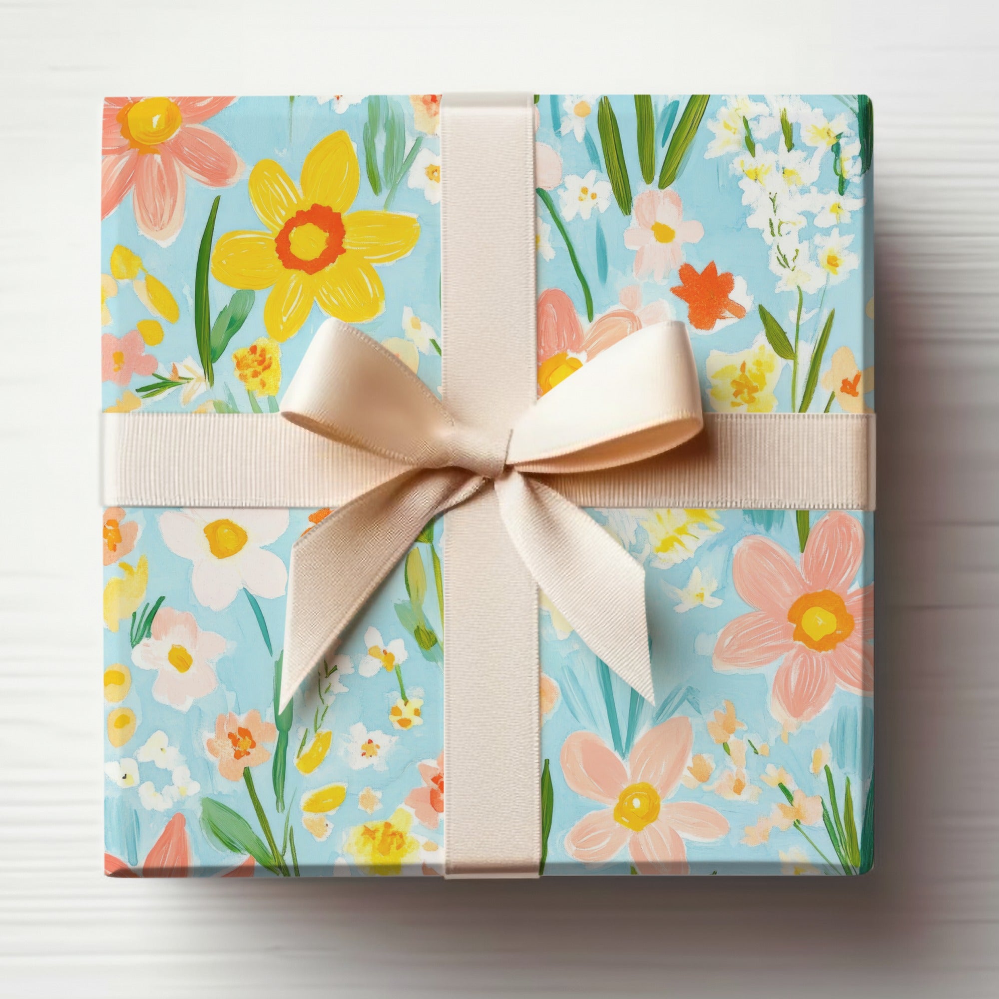 Beautiful Floral Gift Wrap With Cream Ribbon Gift Box