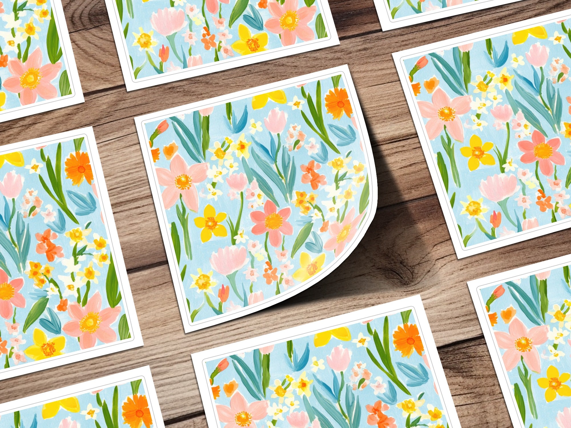 Colorful Spring Floral Print on Blue Background Poster