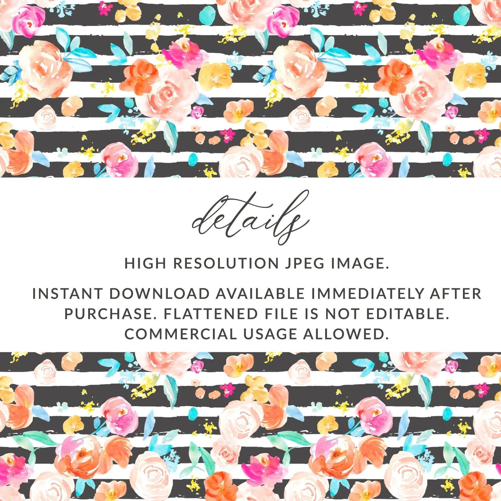 Floral Digital Paper, Striped Digital Download, Flower Pattern Seamless, Watercolor Flowers, Commercial Use Digital Paper, Fabric Design - Moore and Mountain