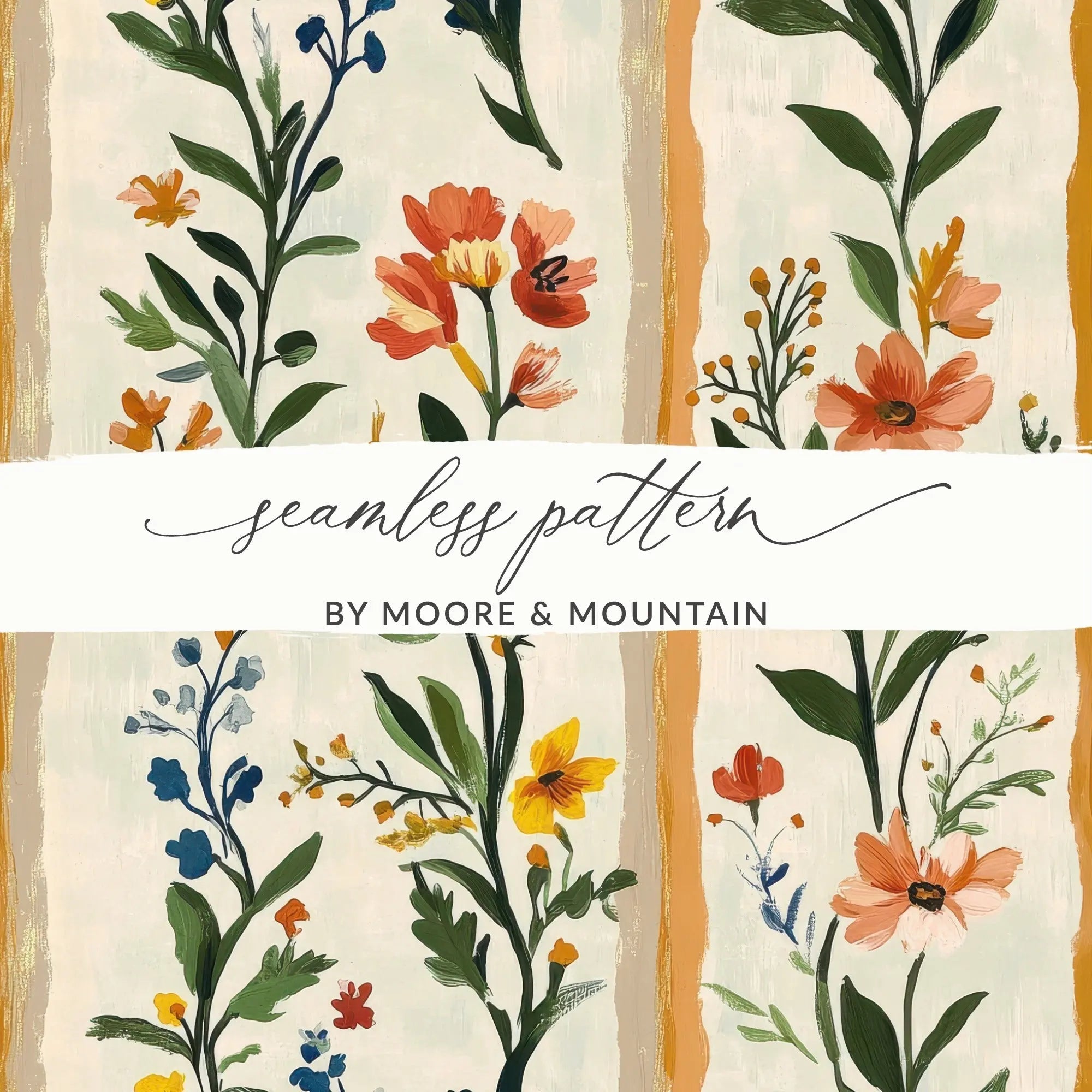 Floral Digital Paper, Vintage Flowers Pattern, Seamless Flower Digital Print, Floral Fabric Design, Orange and Blue Flowers, Digital - Moore and Mountain