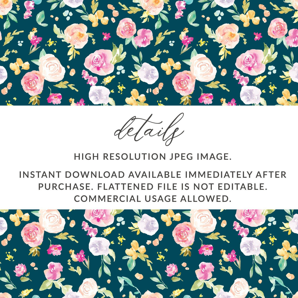 Floral Digital Paper, Watercolor Flowers Pattern, Seamless Teal Background, Fabric Design, Scrapbooking Paper, Digital Download - Moore and Mountain