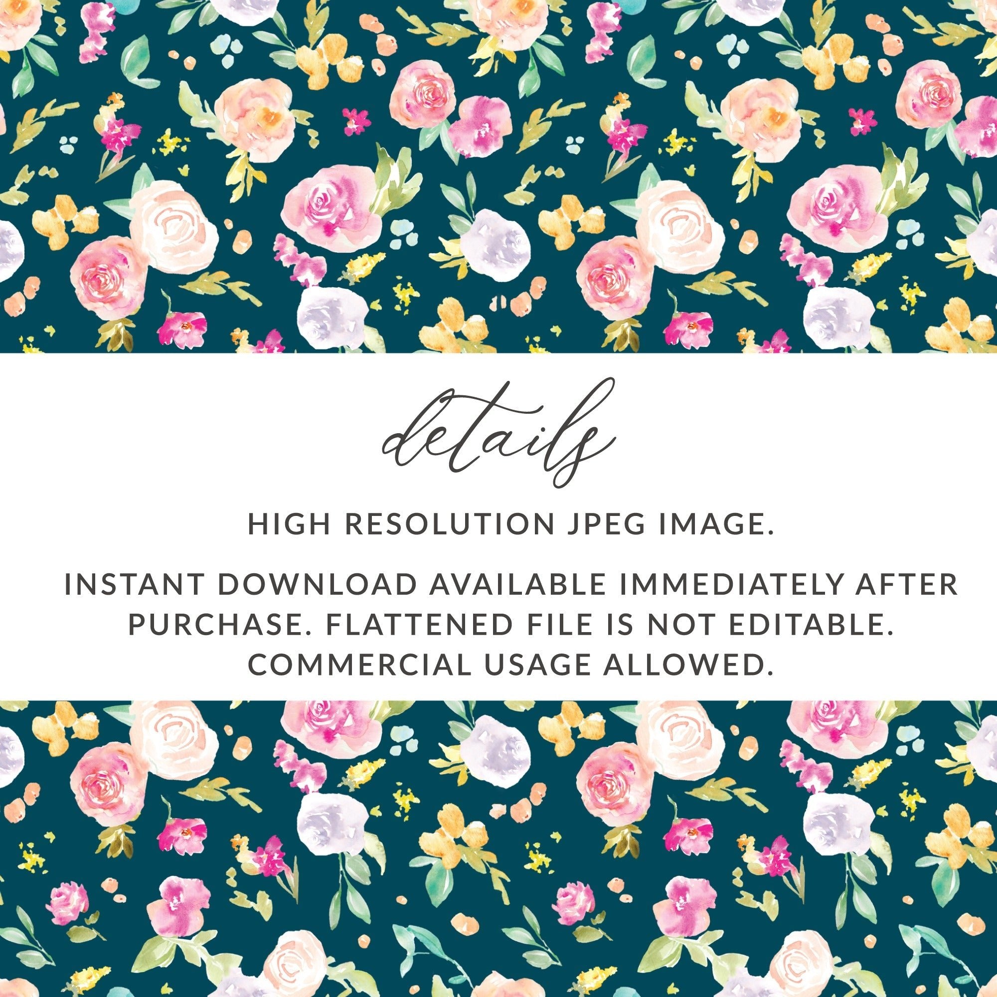 Floral Digital Paper, Watercolor Flowers Pattern, Seamless Teal Background, Fabric Design, Scrapbooking Paper, Digital Download - Moore and Mountain