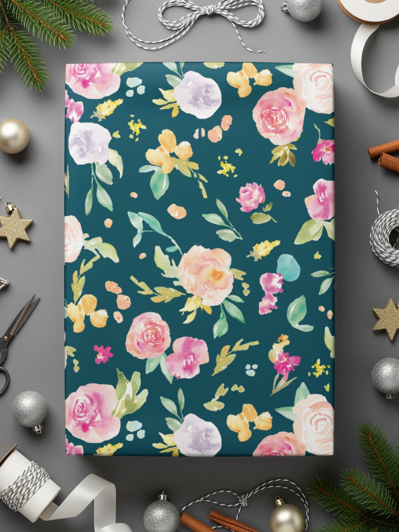 Floral Digital Paper, Watercolor Flowers Pattern, Seamless Teal Background, Fabric Design, Scrapbooking Paper, Digital Download - Moore and Mountain