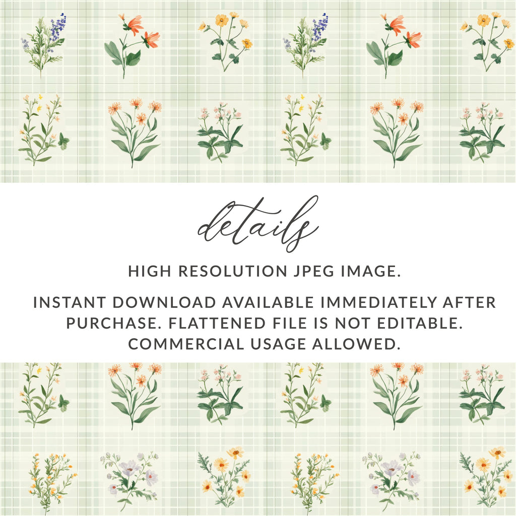 Floral Digital Paper, Watercolor Flowers, Seamless Pattern, Plaid Background, Botanical Print, Digital Download, Fabric Design, Scrapbooking - Moore and Mountain