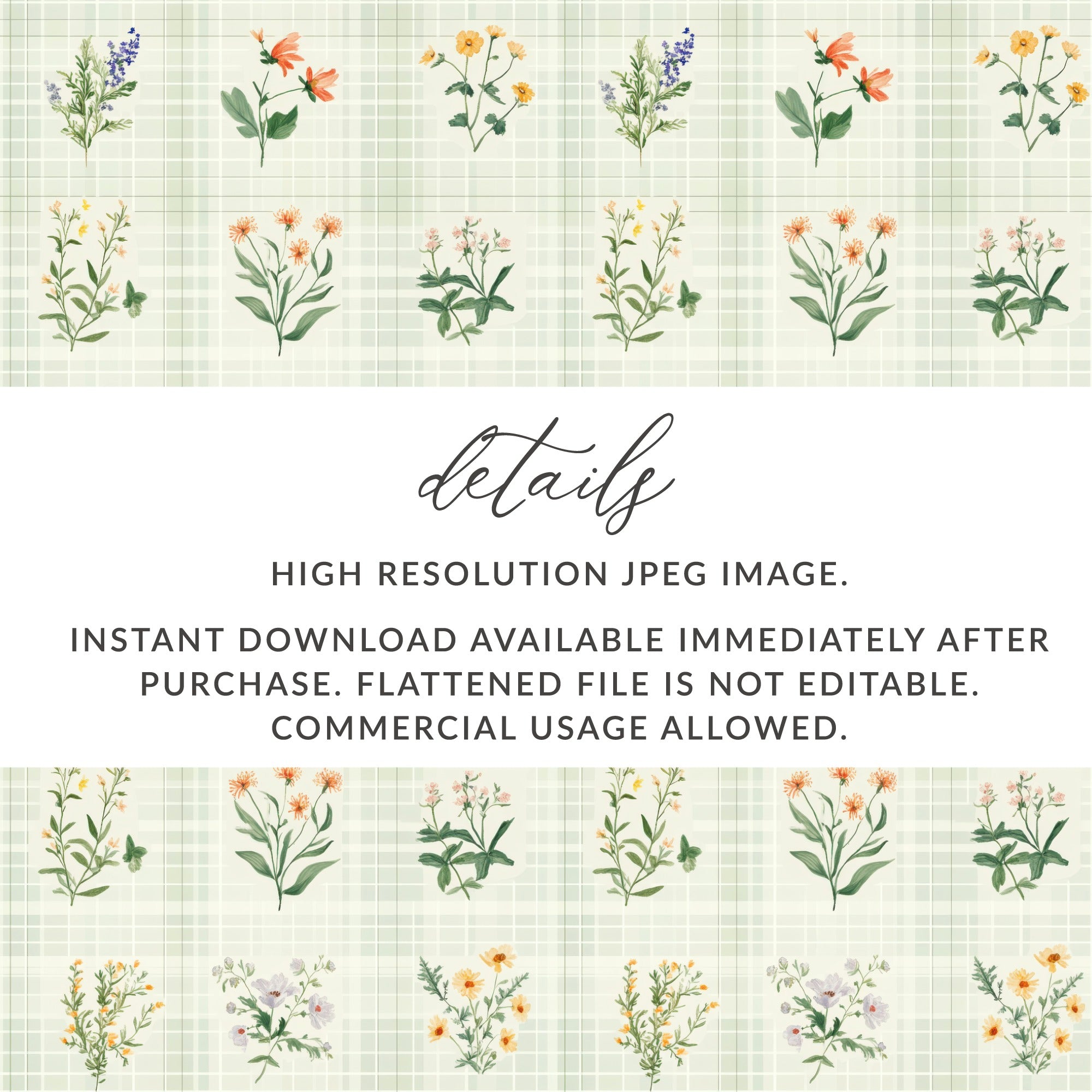 Floral Digital Paper, Watercolor Flowers, Seamless Pattern, Plaid Background, Botanical Print, Digital Download, Fabric Design, Scrapbooking - Moore and Mountain