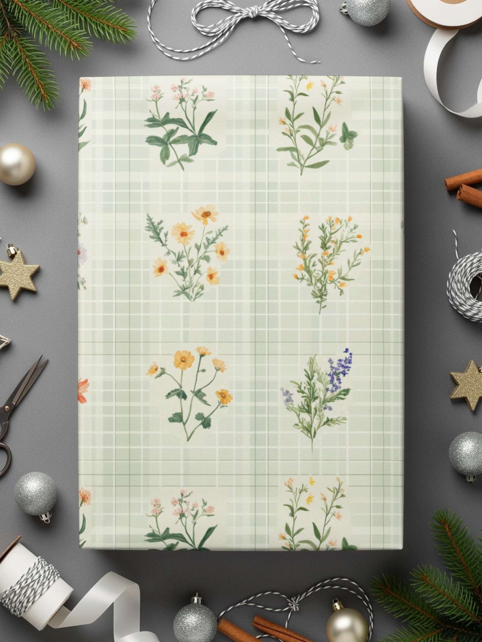 Floral Digital Paper, Watercolor Flowers, Seamless Pattern, Plaid Background, Botanical Print, Digital Download, Fabric Design, Scrapbooking - Moore and Mountain