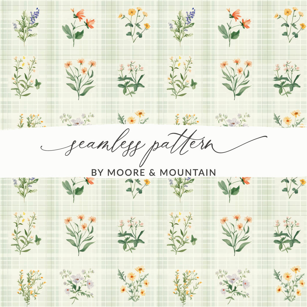 Floral Digital Paper, Watercolor Flowers, Seamless Pattern, Plaid Background, Botanical Print, Digital Download, Fabric Design, Scrapbooking - Moore and Mountain