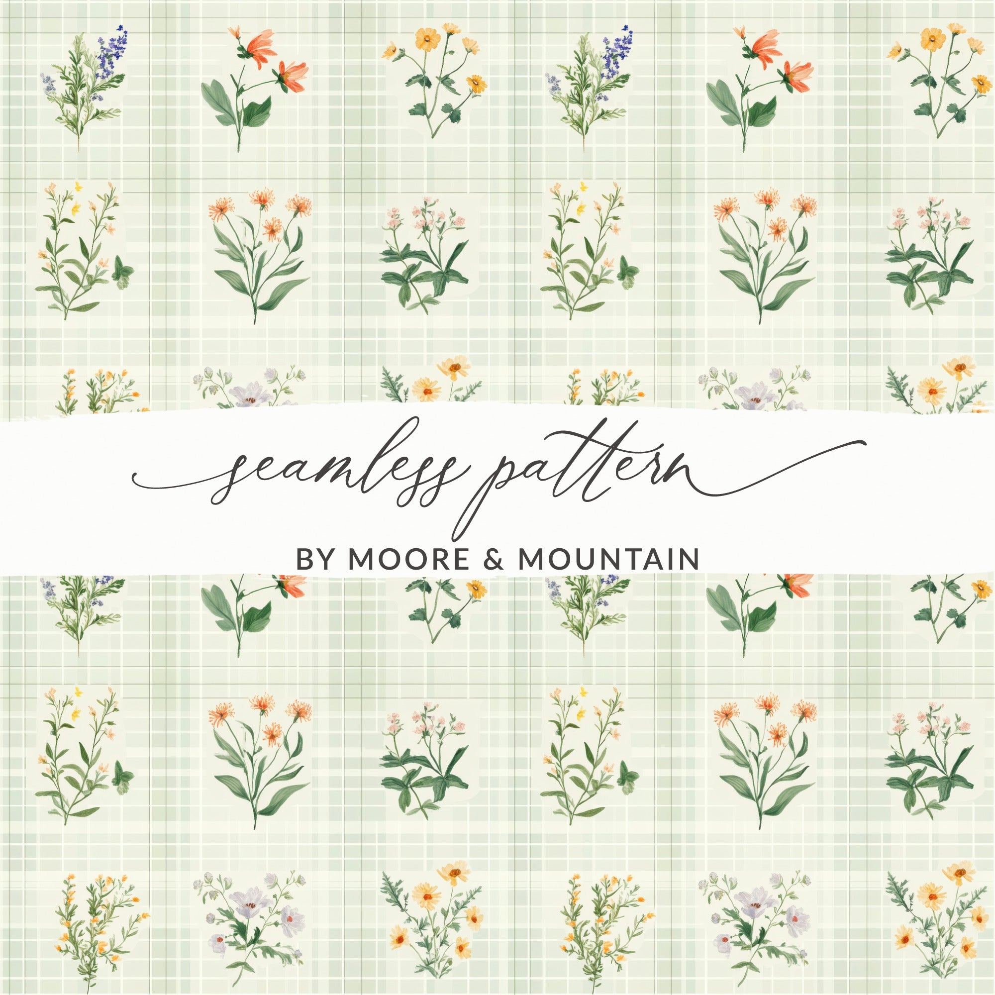 Floral Digital Paper, Watercolor Flowers, Seamless Pattern, Plaid Background, Botanical Print, Digital Download, Fabric Design, Scrapbooking - Moore and Mountain
