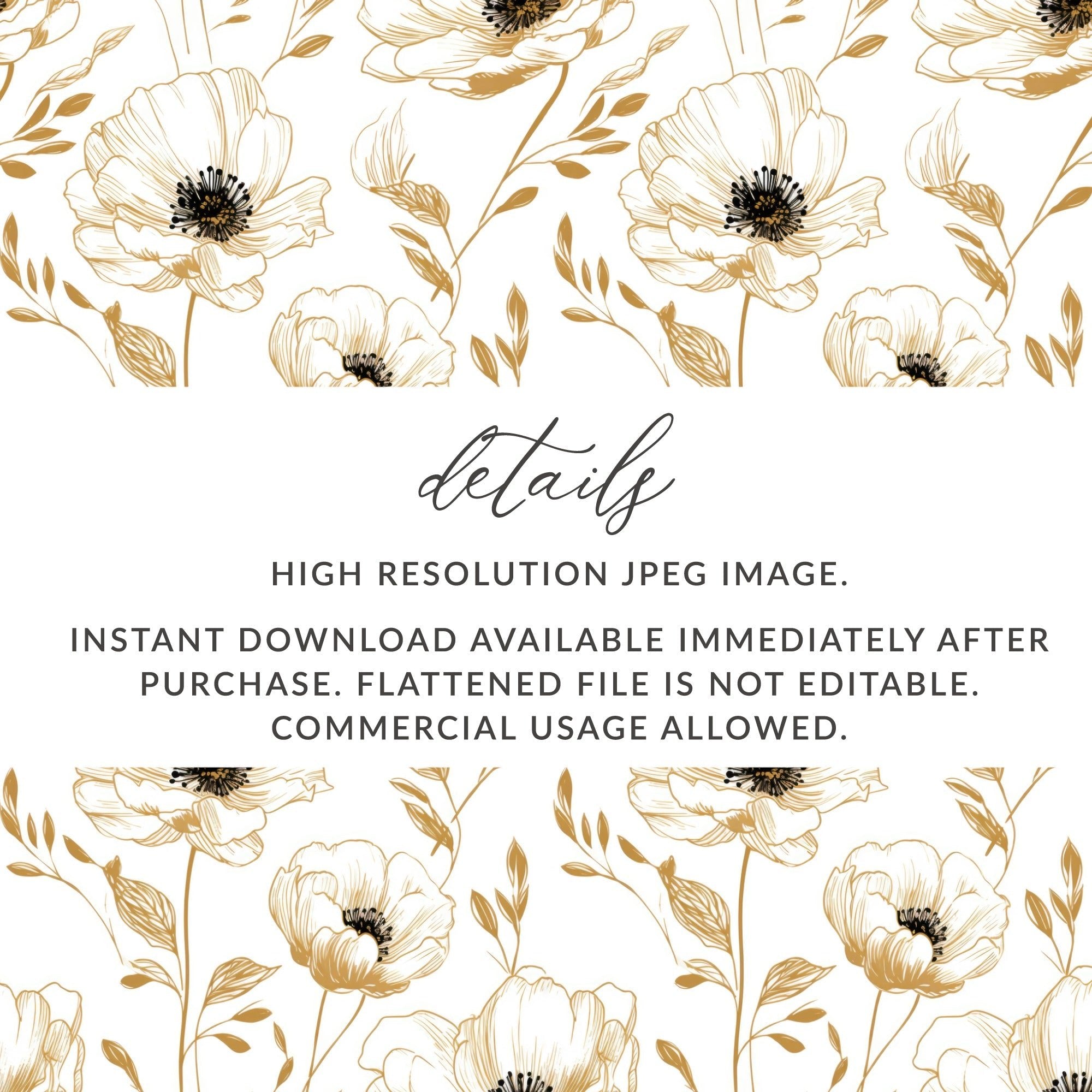 Floral Digital Pattern, Gold Flowers, Seamless Design, Printable Background, Flower Pattern Digital Paper, Botanical Pattern Digital - Moore and Mountain