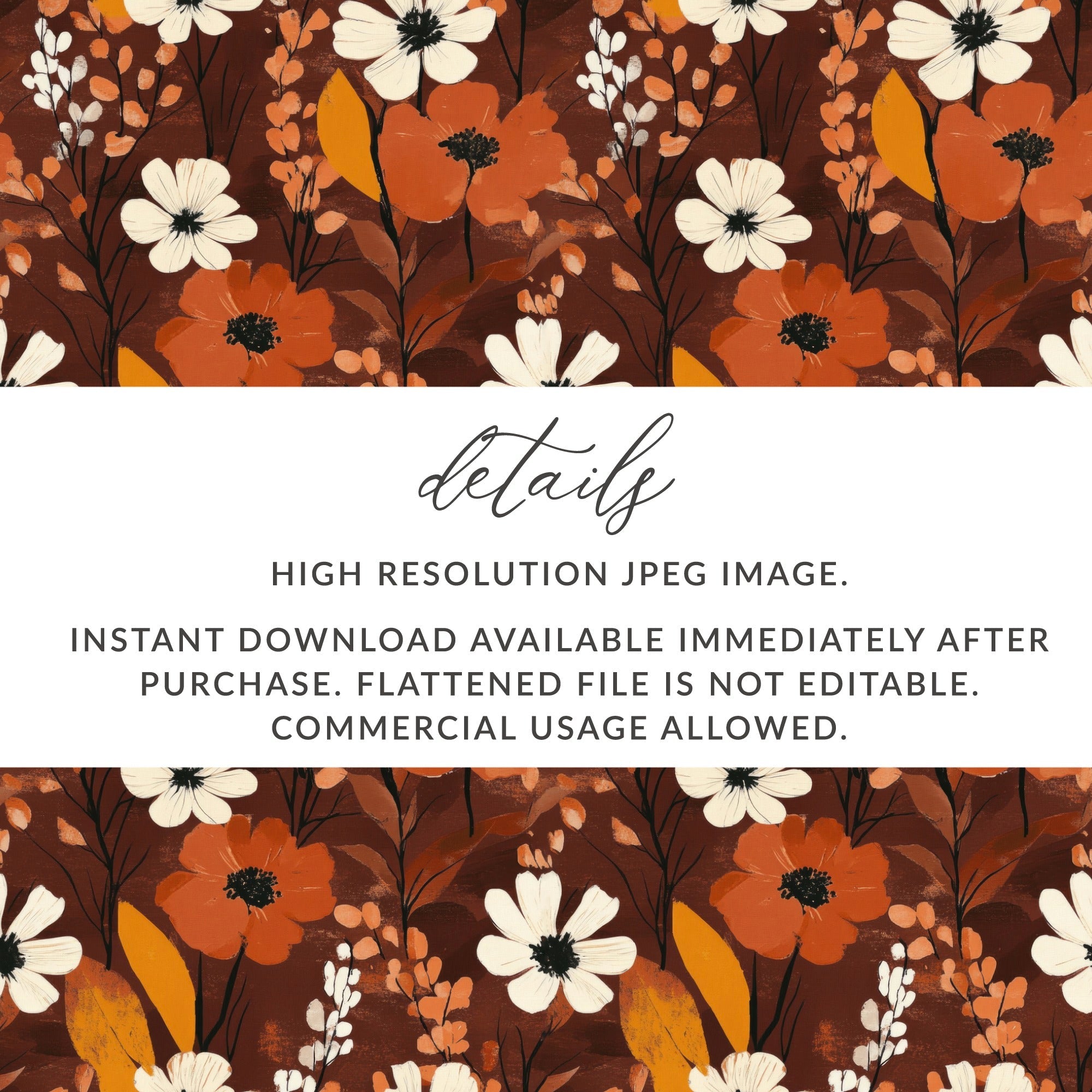 Floral Digital Seamless Pattern, Autumn Flowers, Brown Background, Fabric Design, Paper Craft, Printable, Scrapbooking, Commercial Use - Moore and Mountain