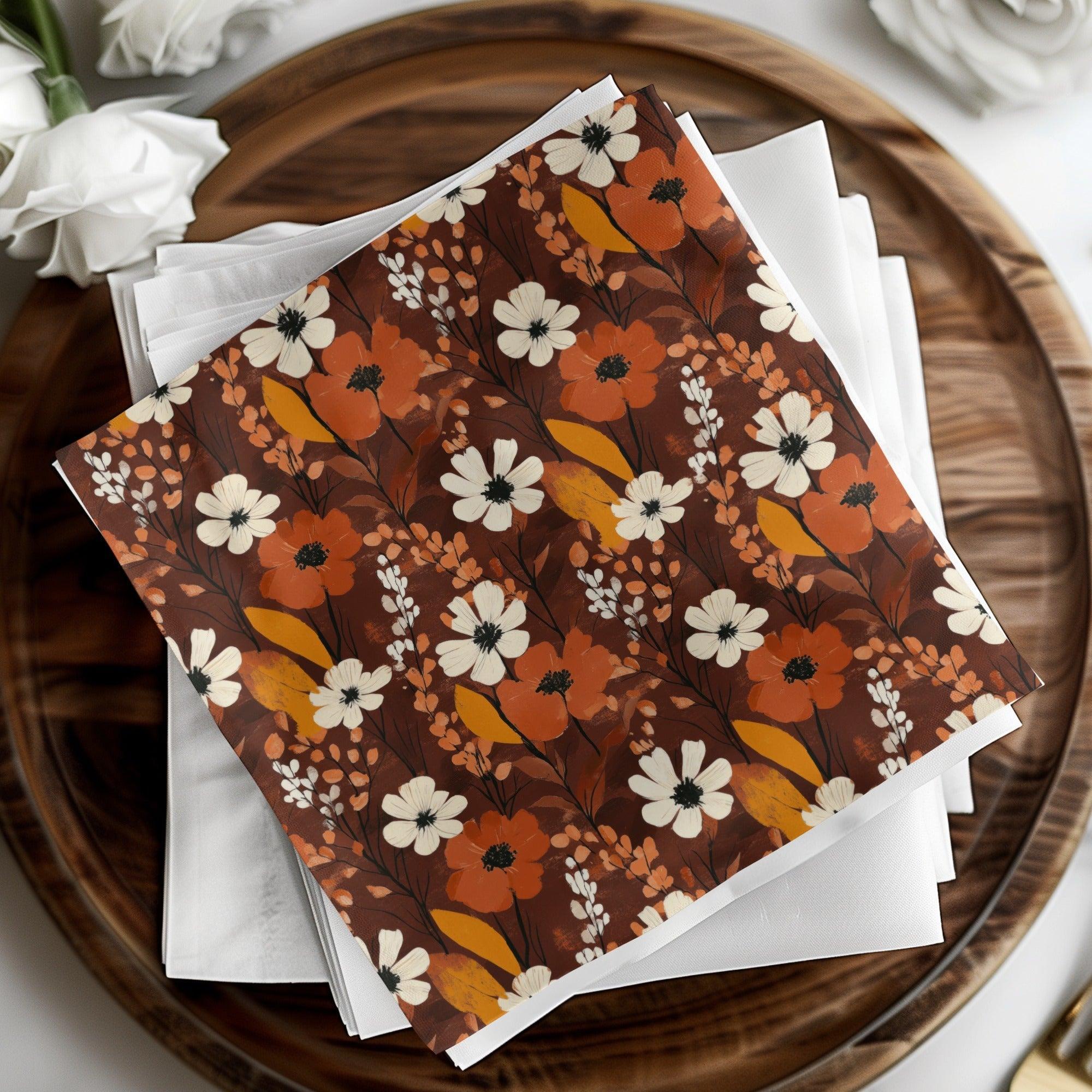Floral Digital Seamless Pattern, Autumn Flowers, Brown Background, Fabric Design, Paper Craft, Printable, Scrapbooking, Commercial Use - Moore and Mountain