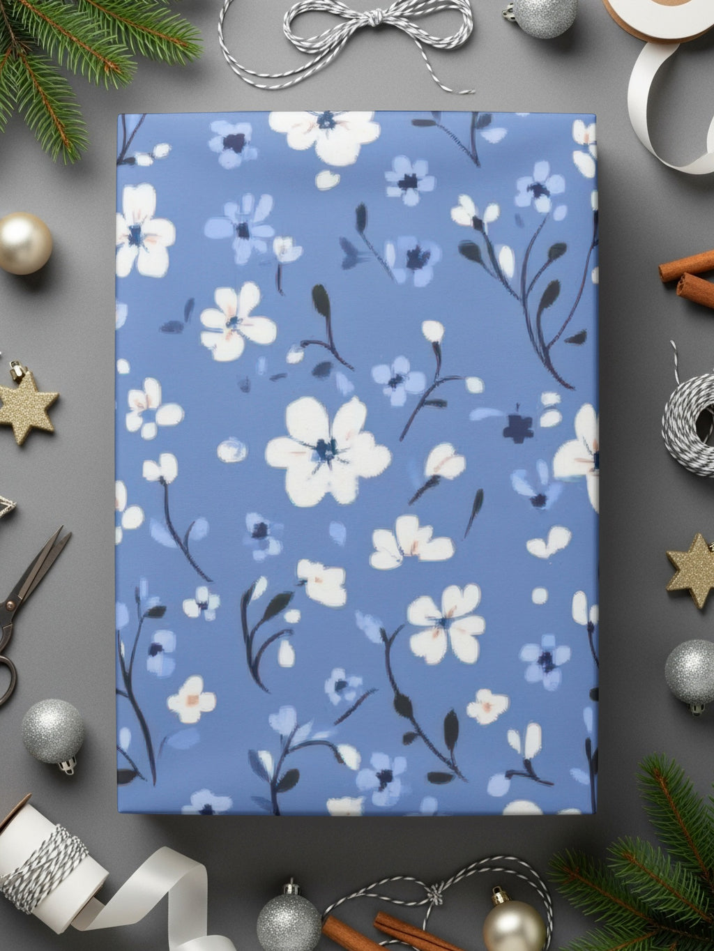 Blue Floral Print on Gift Wrapping Paper
