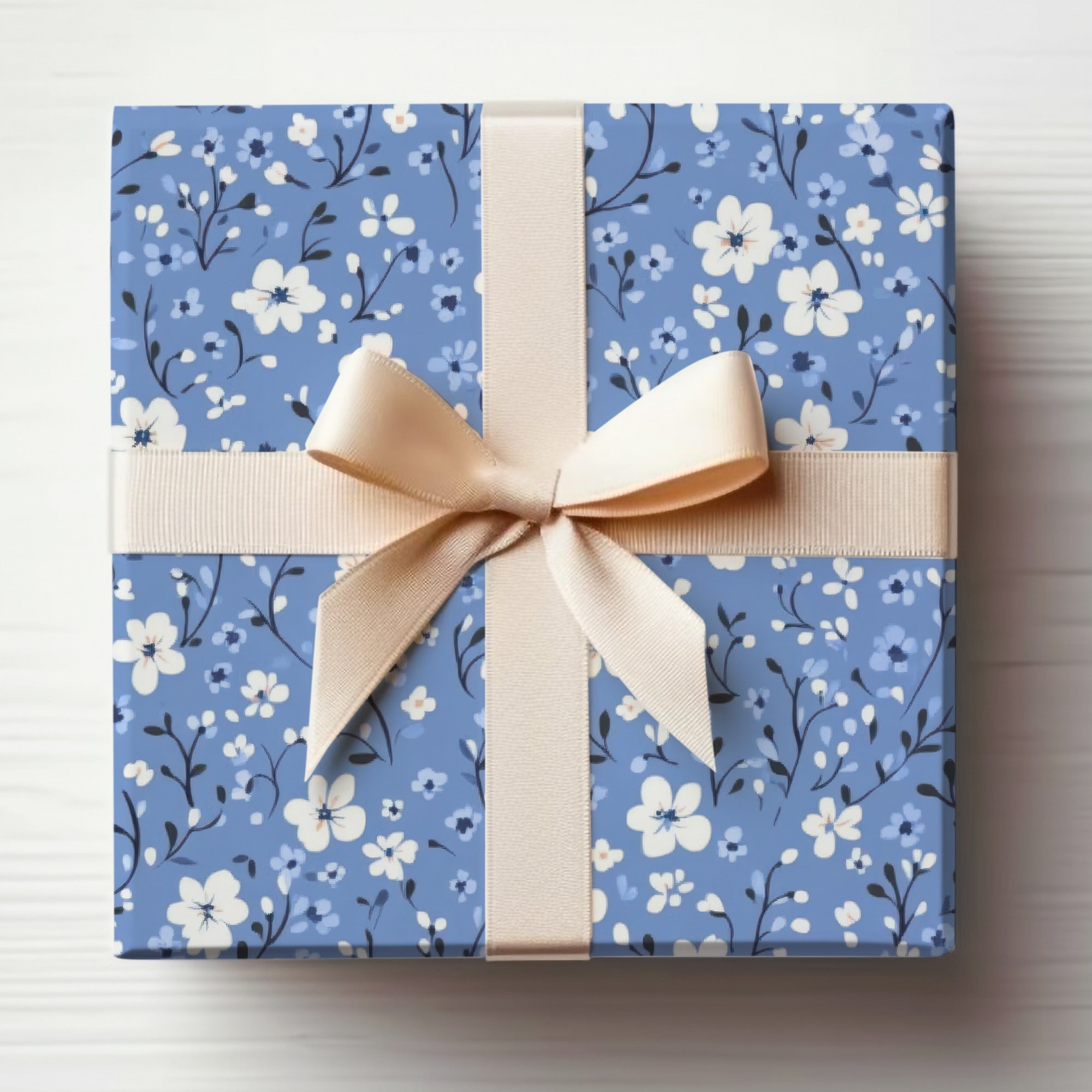 Floral Patterned Blue Gift Box with Cream Bow Product