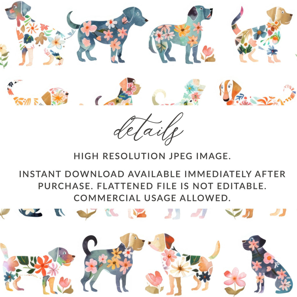 Floral Dogs Digital Paper, Watercolor Puppies Pattern, Spring Seamless Dogs Art, Cute Animal Print, Baby Fabric Design, Pet Illustration - Moore and Mountain