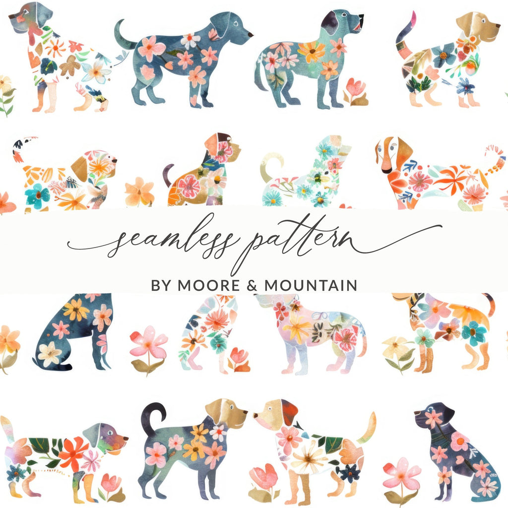 Floral Dogs Digital Paper, Watercolor Puppies Pattern, Spring Seamless Dogs Art, Cute Animal Print, Baby Fabric Design, Pet Illustration - Moore and Mountain