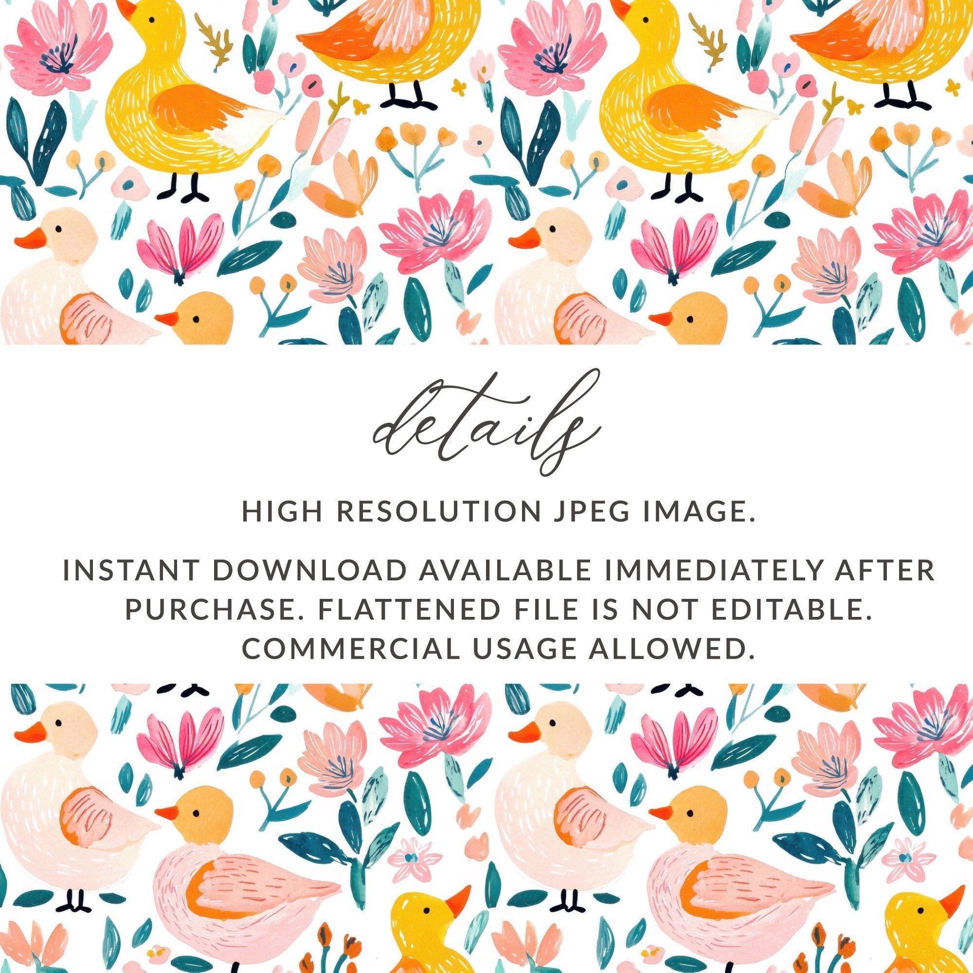 Floral Duck Digital Paper, Seamless Pattern Download, Fabric Design, Scrapbooking Paper, Cute Ducks and Flowers, Digital Files - Moore and Mountain