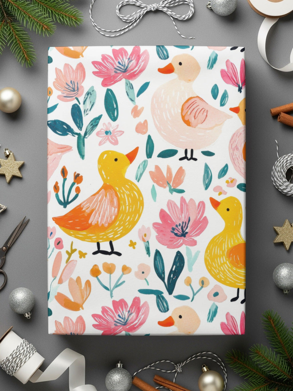 Floral Duck Digital Paper, Seamless Pattern Download, Fabric Design, Scrapbooking Paper, Cute Ducks and Flowers, Digital Files - Moore and Mountain
