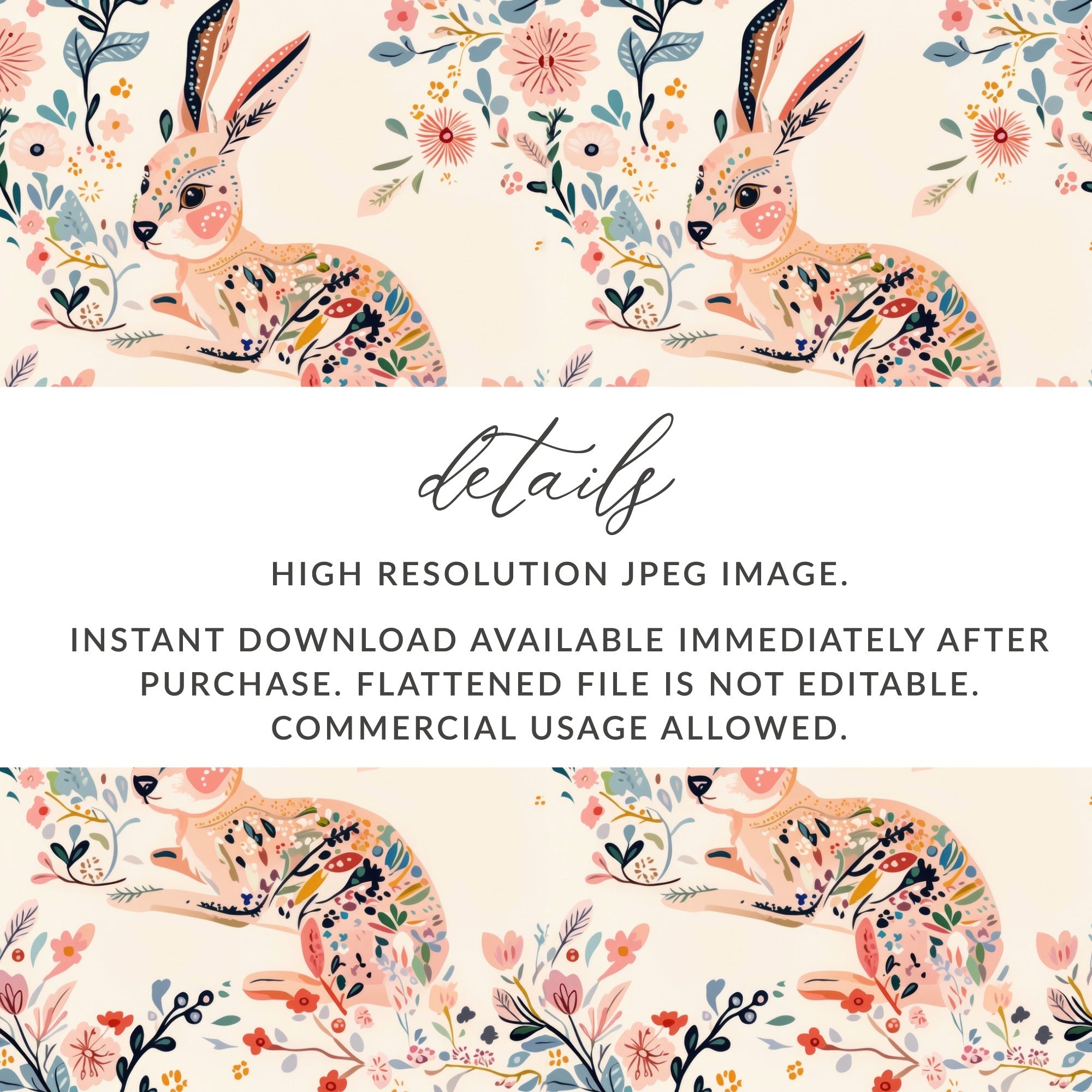 Floral Hare Digital Paper, Seamless Rabbit Pattern, Cute Animal Print, Digital Download for Fabric, Scrapbooking, Crafts, 12x12 JPEG - Moore and Mountain