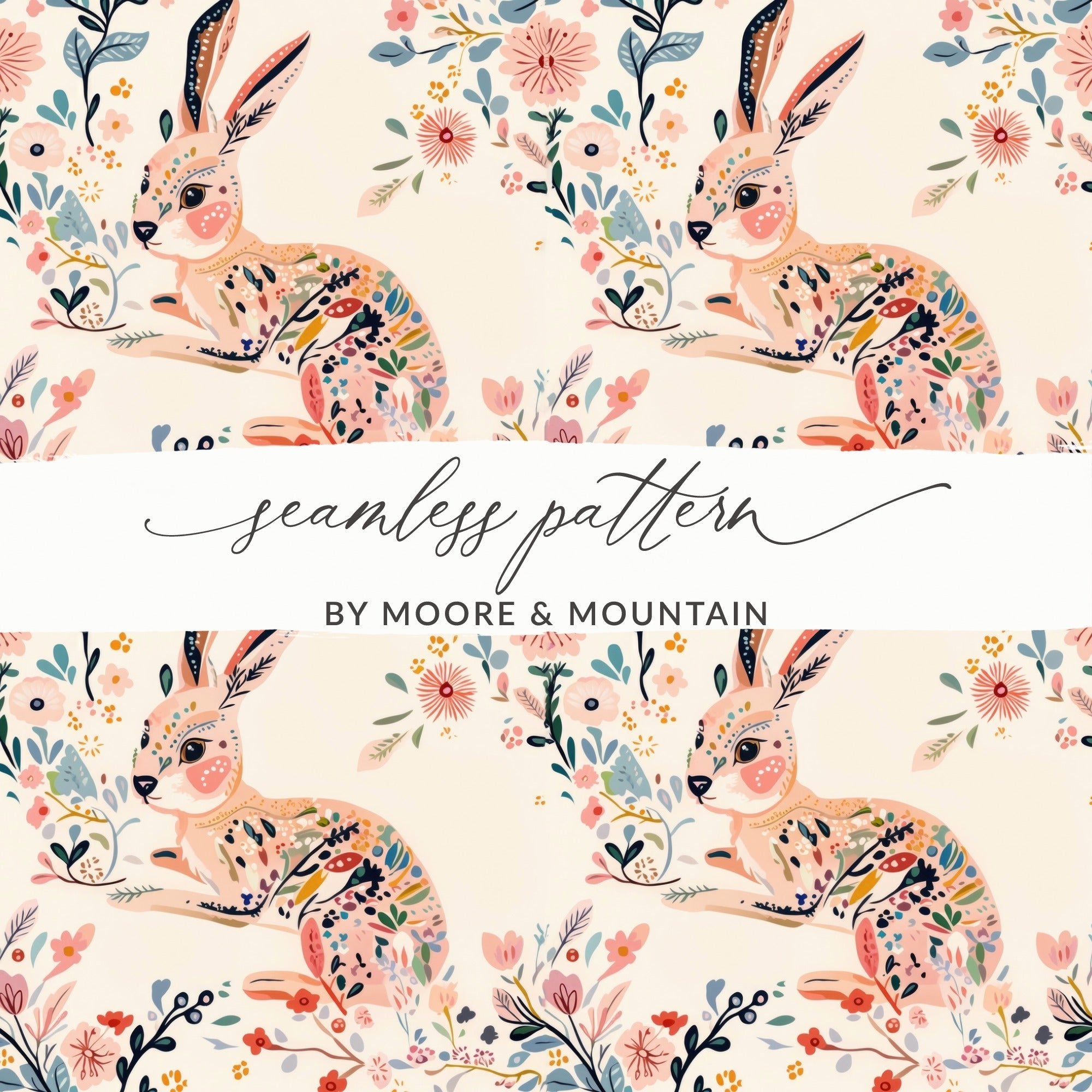 Floral Hare Digital Paper, Seamless Rabbit Pattern, Cute Animal Print, Digital Download for Fabric, Scrapbooking, Crafts, 12x12 JPEG - Moore and Mountain
