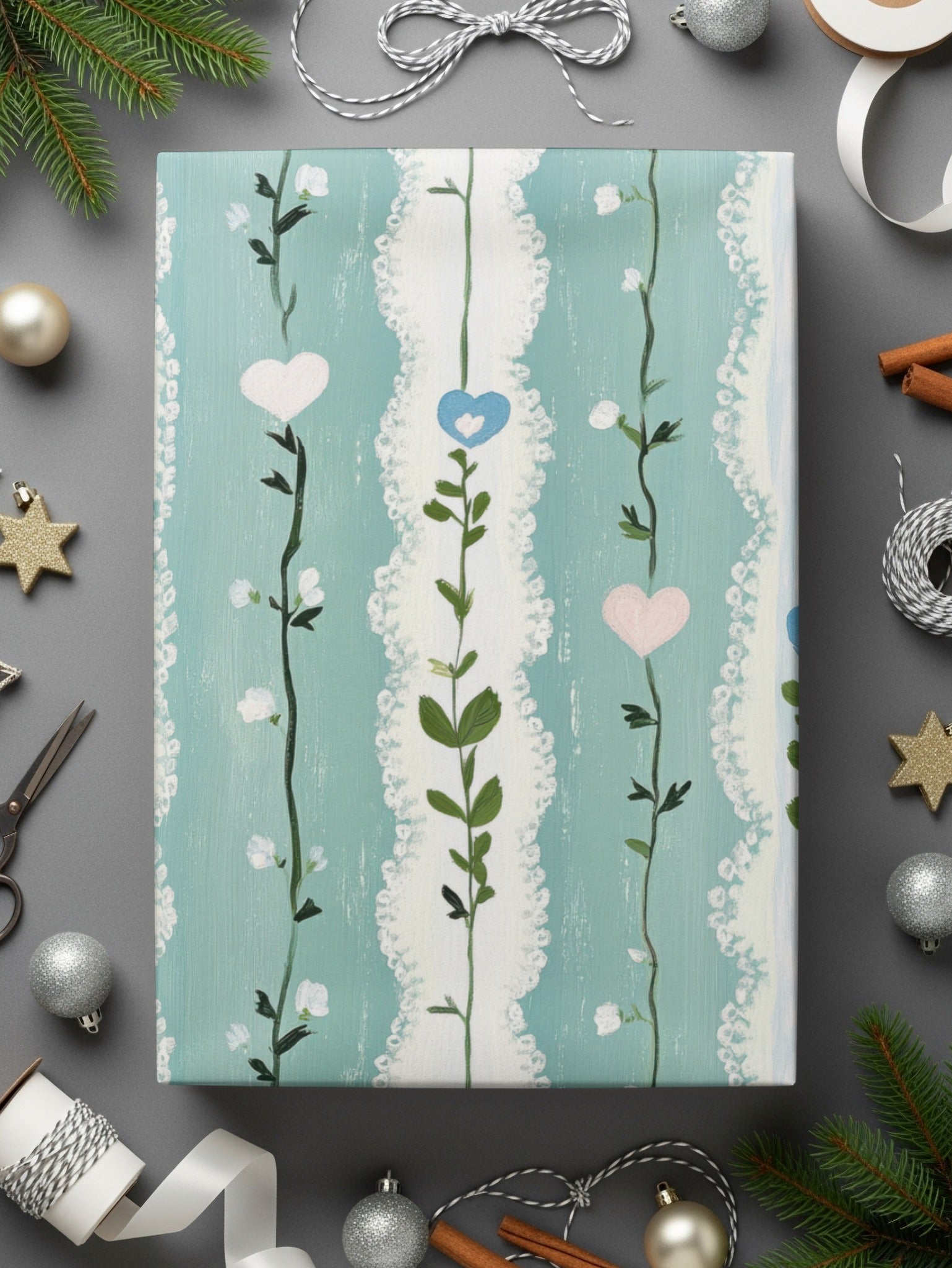 Floral Heart Digital Paper, Seamless Pattern, Painted Flower Digital, Blue Pink Green Digital Download, Spring Summer Pattern - Moore and Mountain