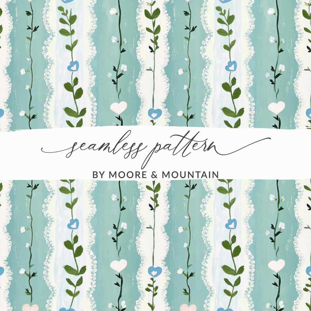 Floral Heart Digital Paper, Seamless Pattern, Painted Flower Digital, Blue Pink Green Digital Download, Spring Summer Pattern - Moore and Mountain