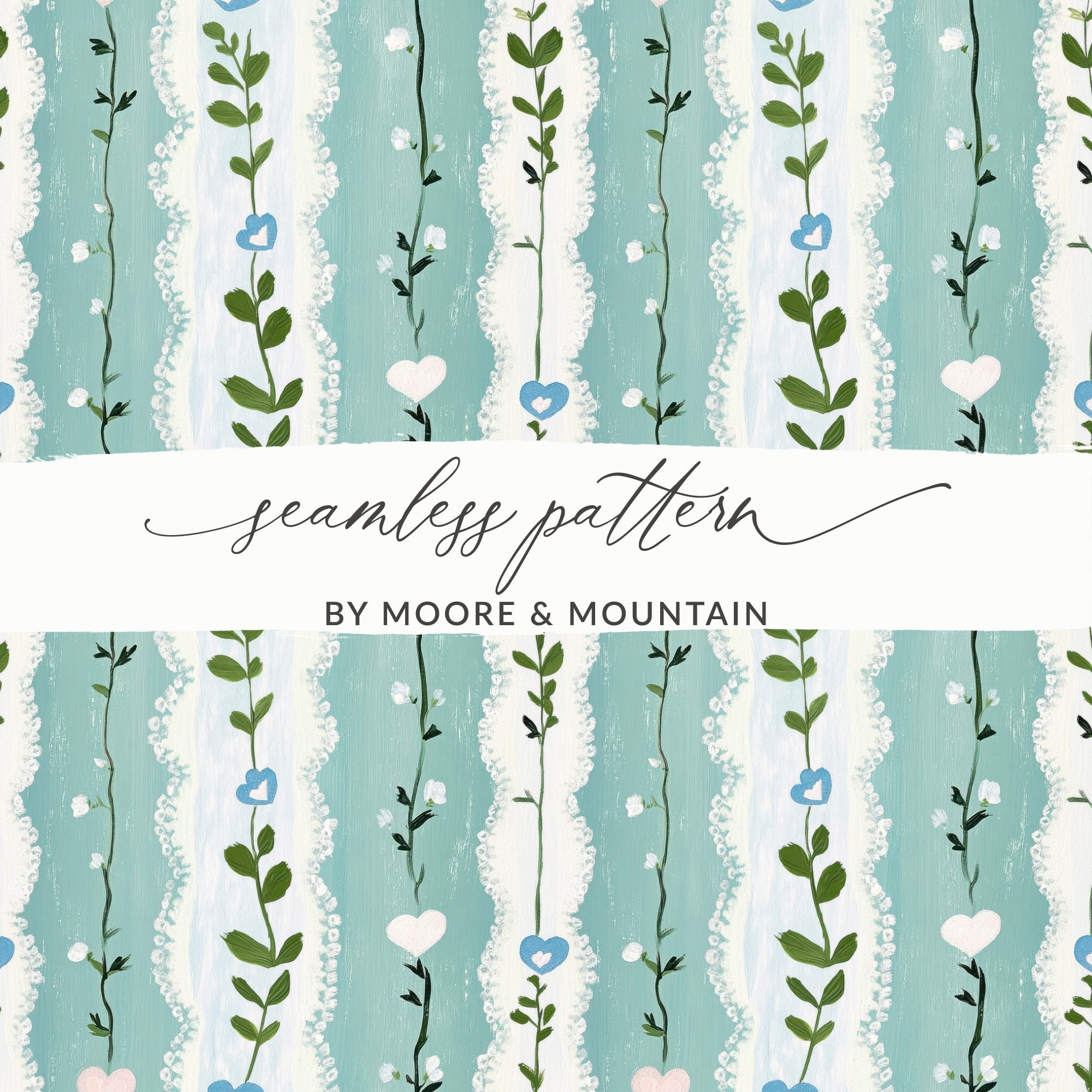 Floral Heart Digital Paper, Seamless Pattern, Painted Flower Digital, Blue Pink Green Digital Download, Spring Summer Pattern - Moore and Mountain