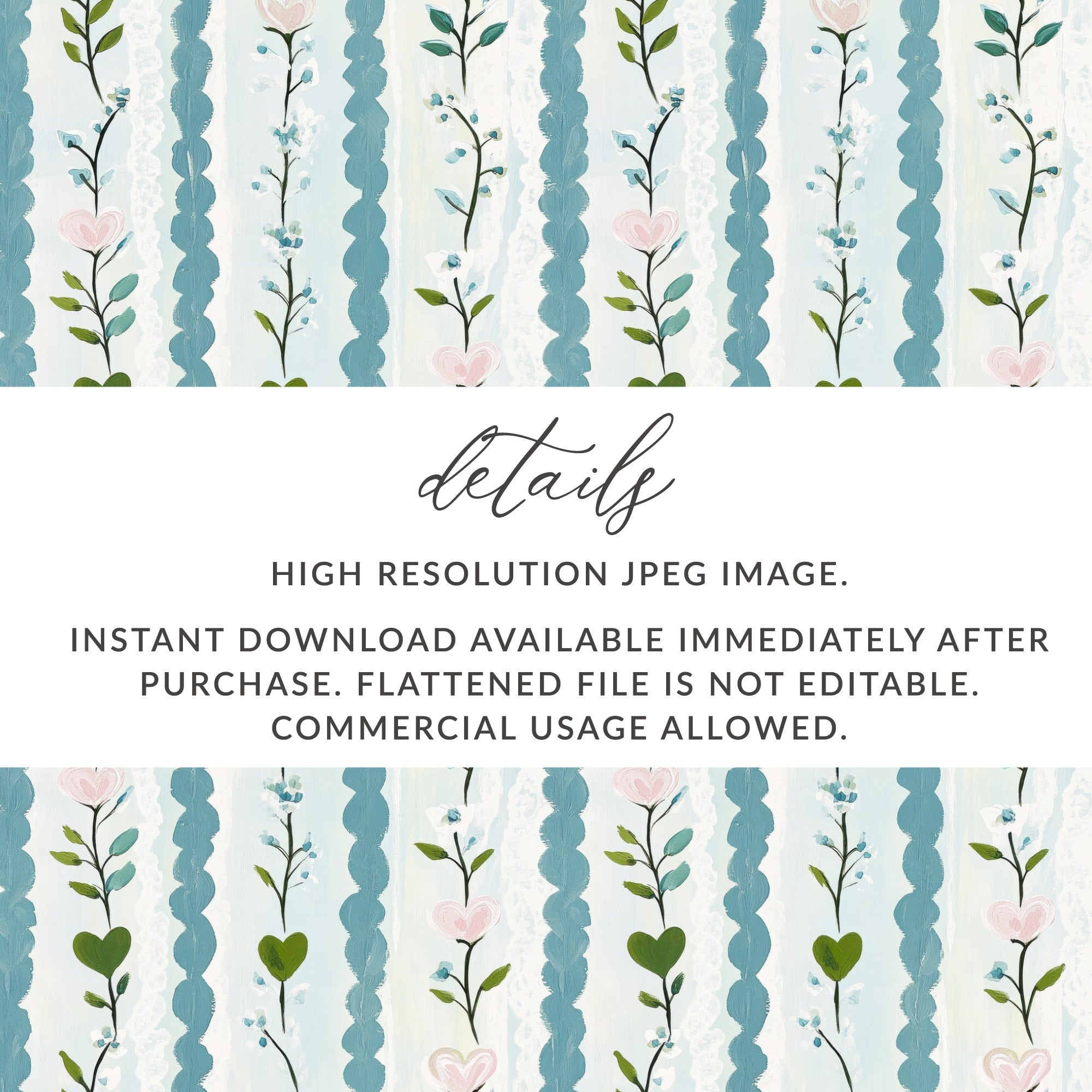 Floral Heart Seamless Pattern, Digital Paper, Blue Stripe Texture, Fabric Design, Scrapbooking, Printable Backgrounds, Digital Download - Moore and Mountain
