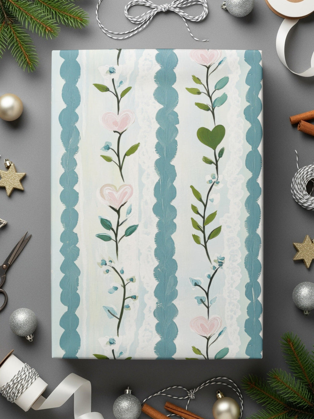 Floral Heart Seamless Pattern, Digital Paper, Blue Stripe Texture, Fabric Design, Scrapbooking, Printable Backgrounds, Digital Download - Moore and Mountain