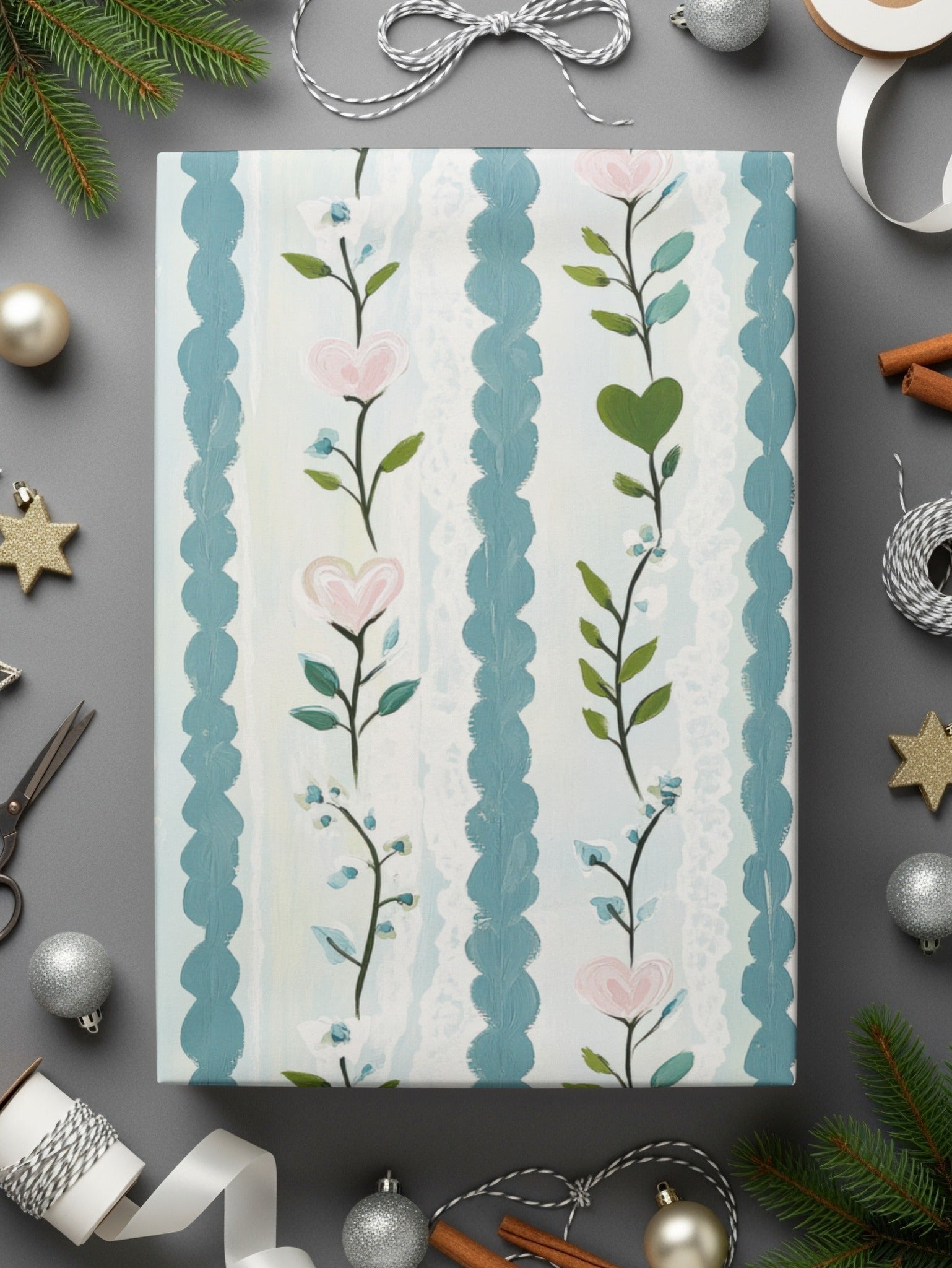 Floral Heart Seamless Pattern, Digital Paper, Blue Stripe Texture, Fabric Design, Scrapbooking, Printable Backgrounds, Digital Download - Moore and Mountain