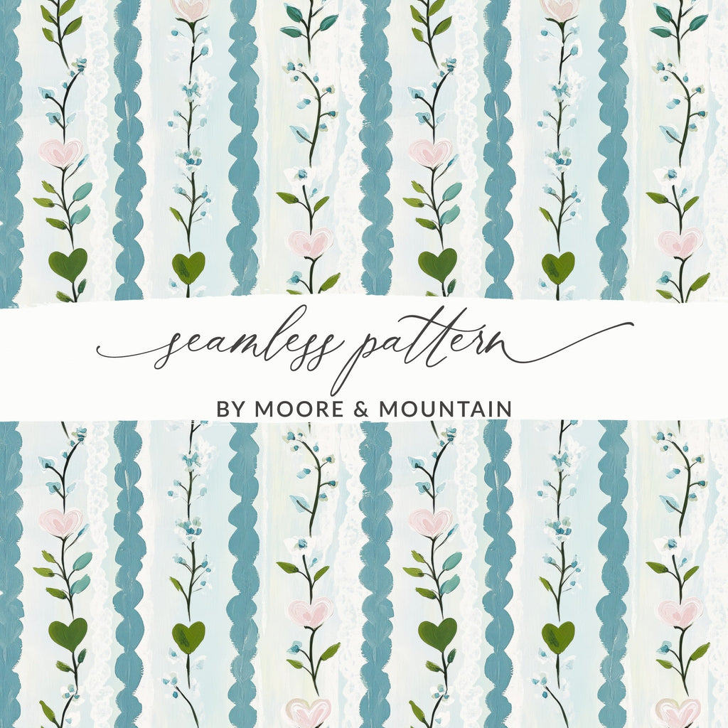 Floral Heart Seamless Pattern, Digital Paper, Blue Stripe Texture, Fabric Design, Scrapbooking, Printable Backgrounds, Digital Download - Moore and Mountain